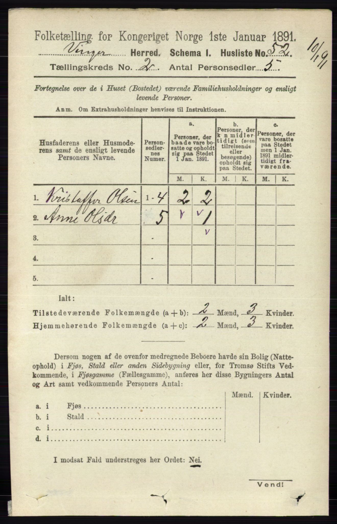 RA, 1891 census for 0421 Vinger, 1891, p. 455