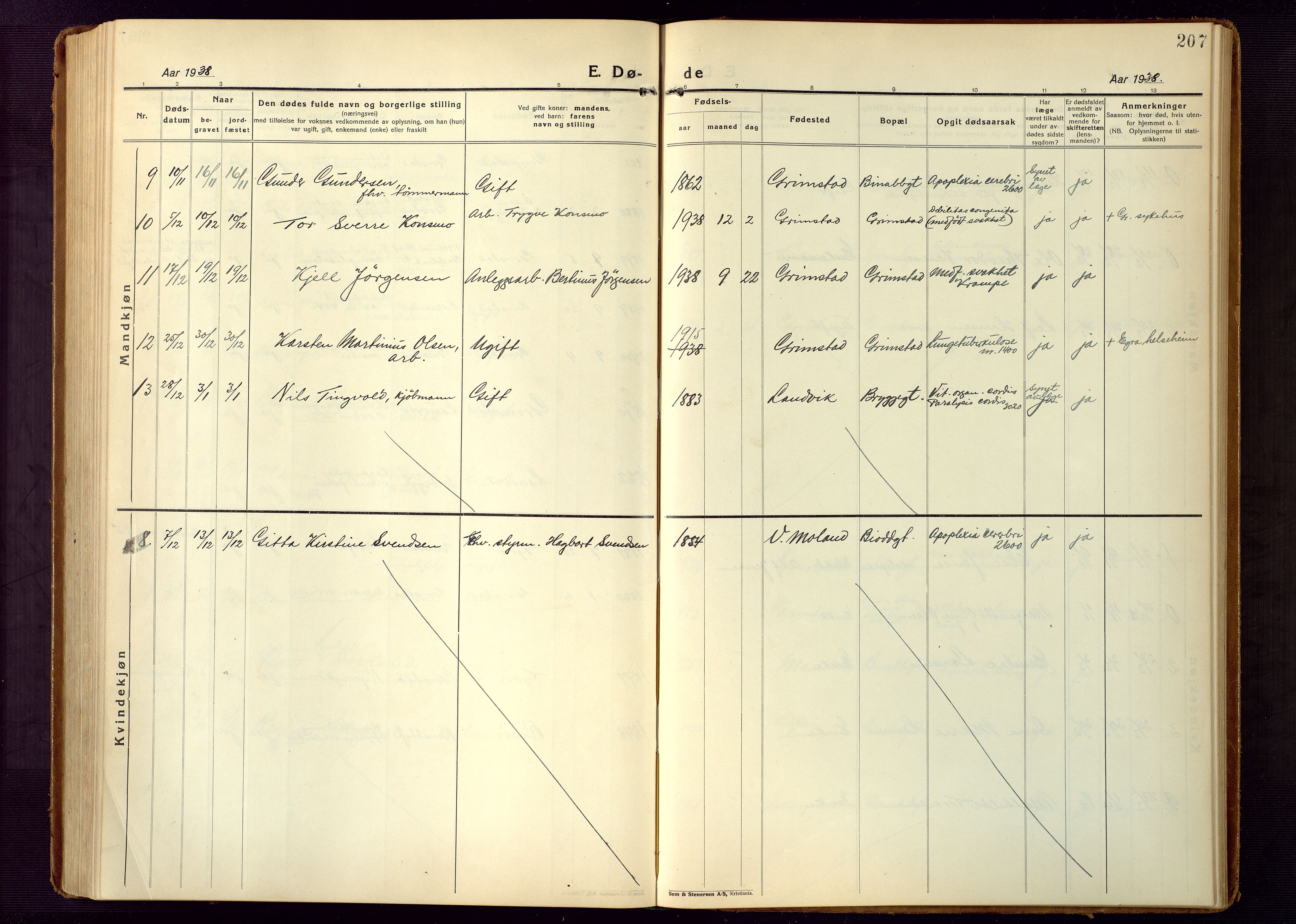 Grimstad sokneprestkontor, AV/SAK-1111-0017/F/Fb/L0002: Parish register (copy) no. B 2, 1923-1949, p. 207