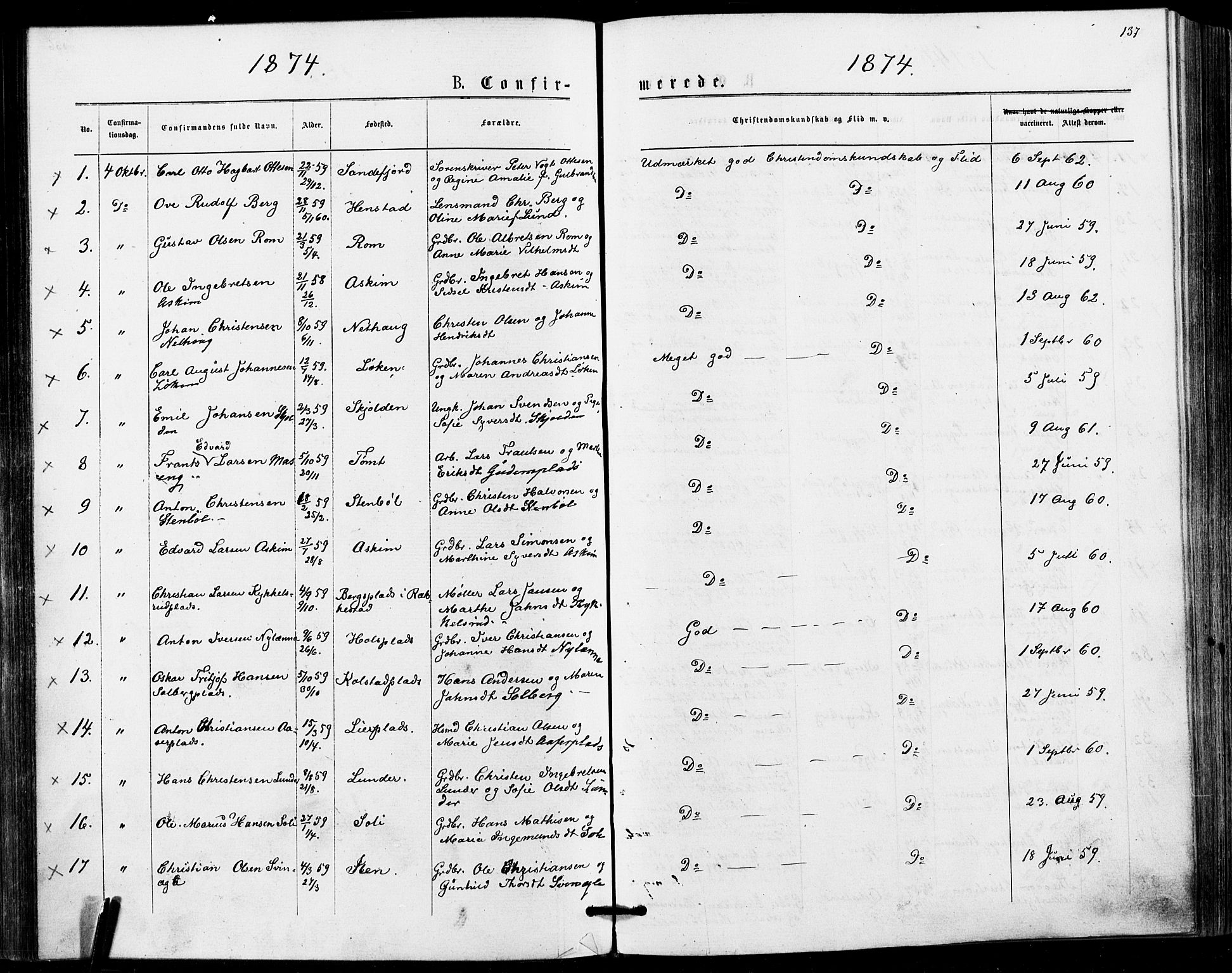 Askim prestekontor Kirkebøker, SAO/A-10900/F/Fa/L0006: Parish register (official) no. 6, 1874-1881, p. 137