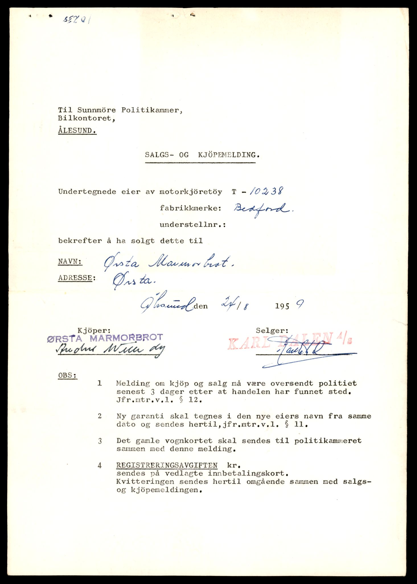 Møre og Romsdal vegkontor - Ålesund trafikkstasjon, AV/SAT-A-4099/F/Fe/L0019: Registreringskort for kjøretøy T 10228 - T 10350, 1927-1998, p. 213