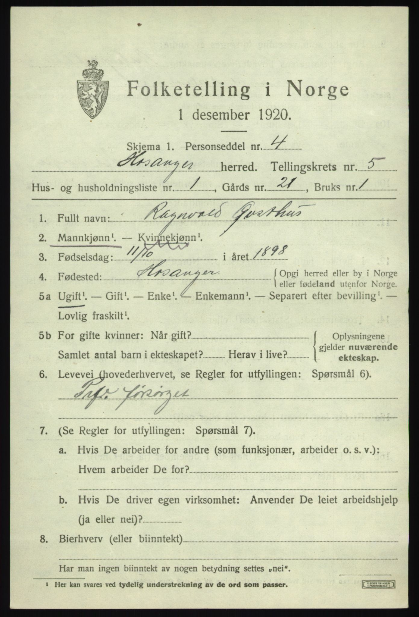 SAB, 1920 census for Hosanger, 1920, p. 2347