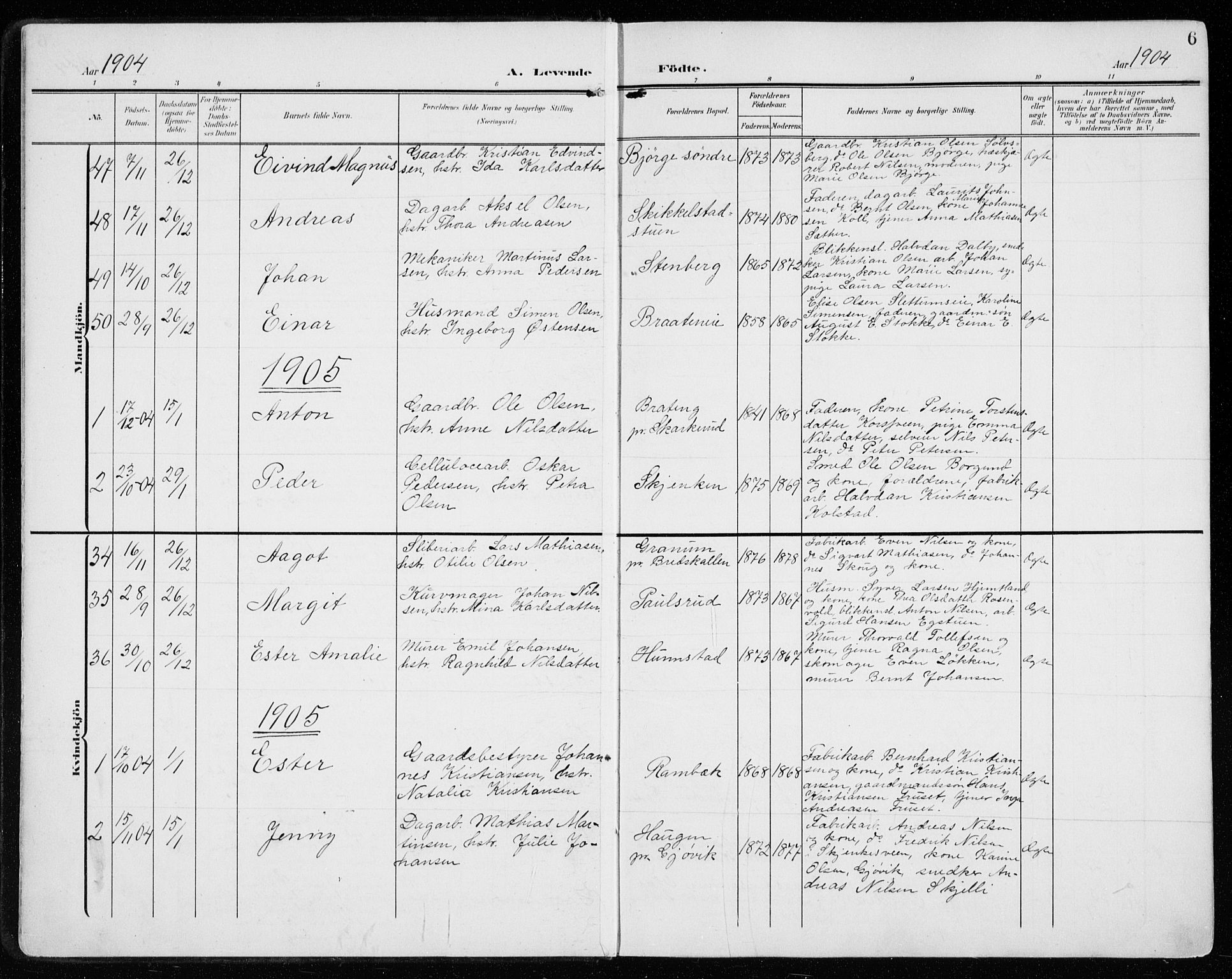 Vardal prestekontor, SAH/PREST-100/H/Ha/Haa/L0016: Parish register (official) no. 16, 1904-1916, p. 6