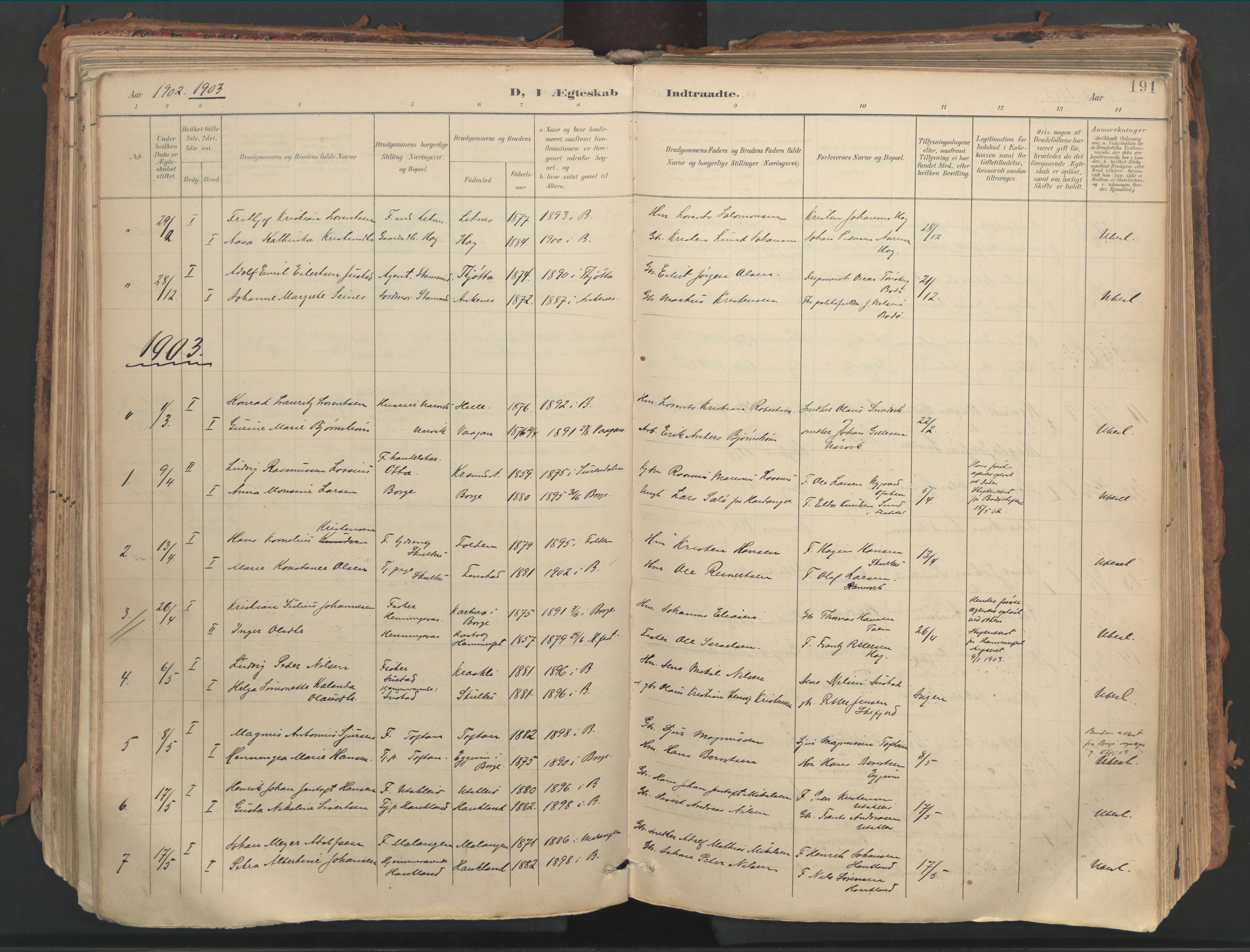Ministerialprotokoller, klokkerbøker og fødselsregistre - Nordland, SAT/A-1459/882/L1180: Parish register (official) no. 882A02, 1897-1913, p. 191
