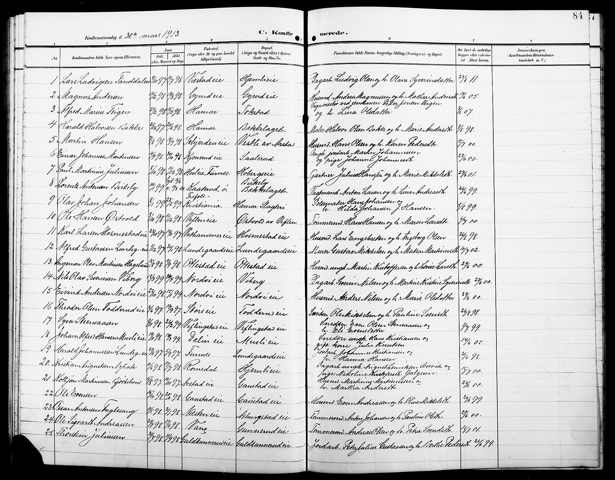 Stange prestekontor, SAH/PREST-002/L/L0013: Parish register (copy) no. 13, 1906-1915, p. 84