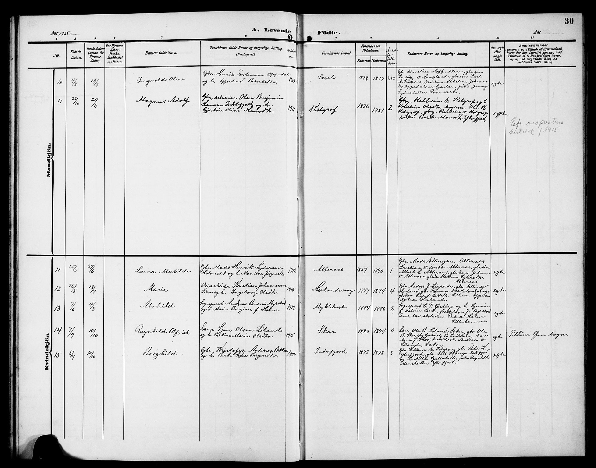 Hyllestad sokneprestembete, AV/SAB-A-80401: Parish register (copy) no. A 3, 1906-1925, p. 30