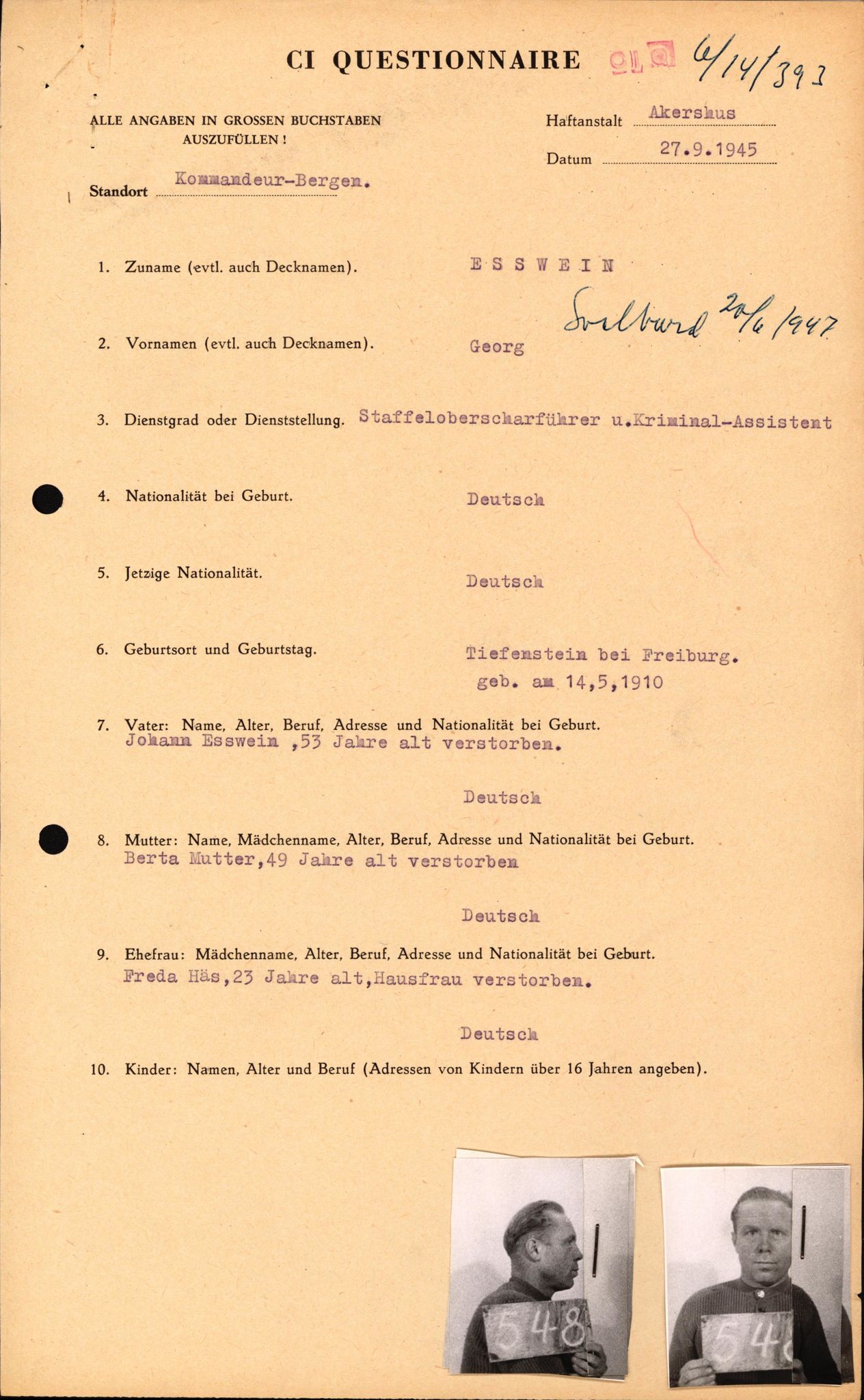 Forsvaret, Forsvarets overkommando II, AV/RA-RAFA-3915/D/Db/L0007: CI Questionaires. Tyske okkupasjonsstyrker i Norge. Tyskere., 1945-1946, p. 321