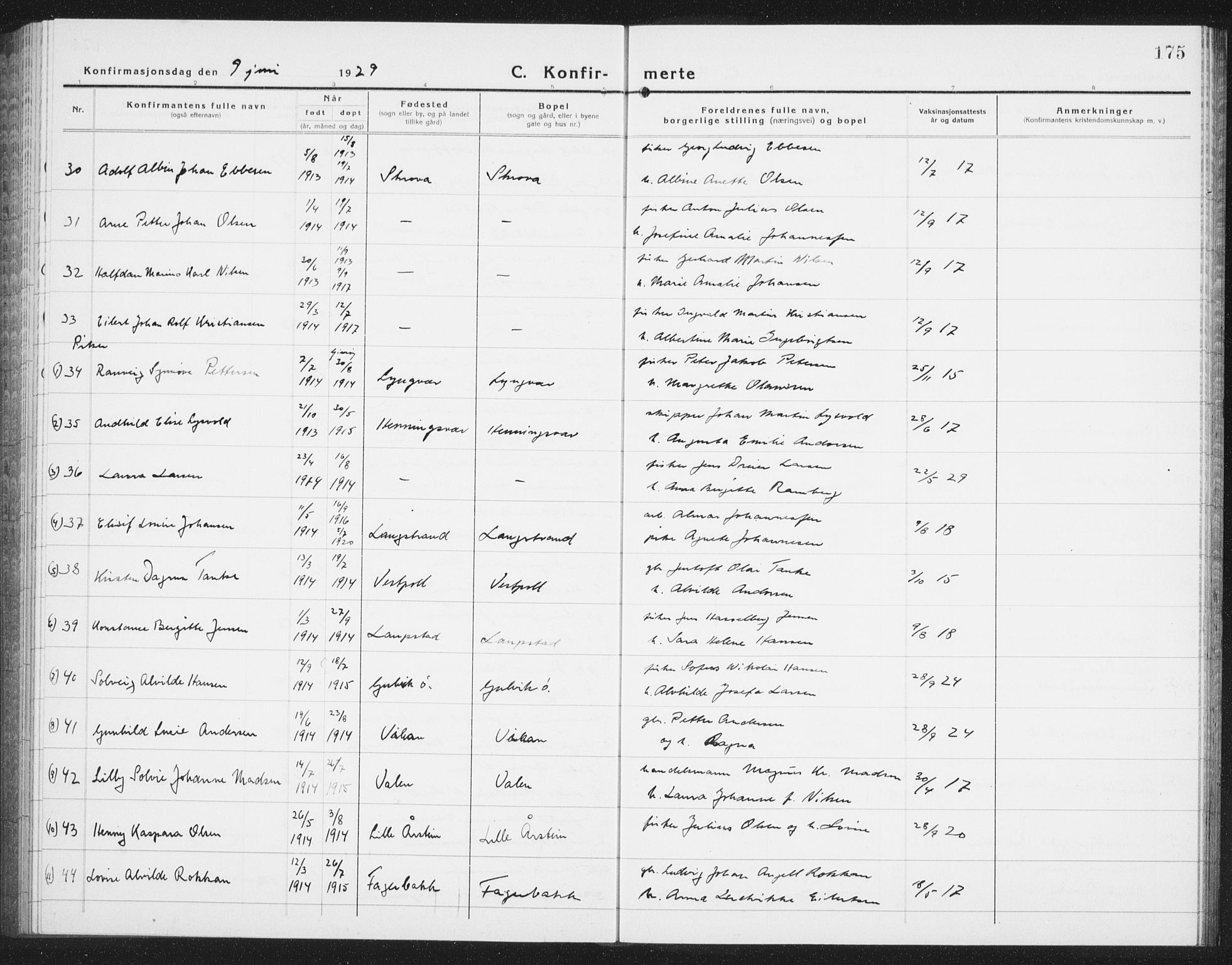 Ministerialprotokoller, klokkerbøker og fødselsregistre - Nordland, AV/SAT-A-1459/874/L1081: Parish register (copy) no. 874C10, 1925-1941, p. 175