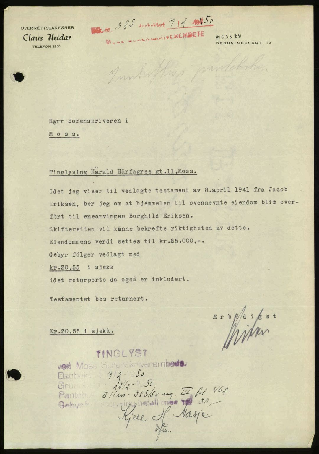 Moss sorenskriveri, SAO/A-10168: Mortgage book no. A25, 1950-1950, Diary no: : 385/1950
