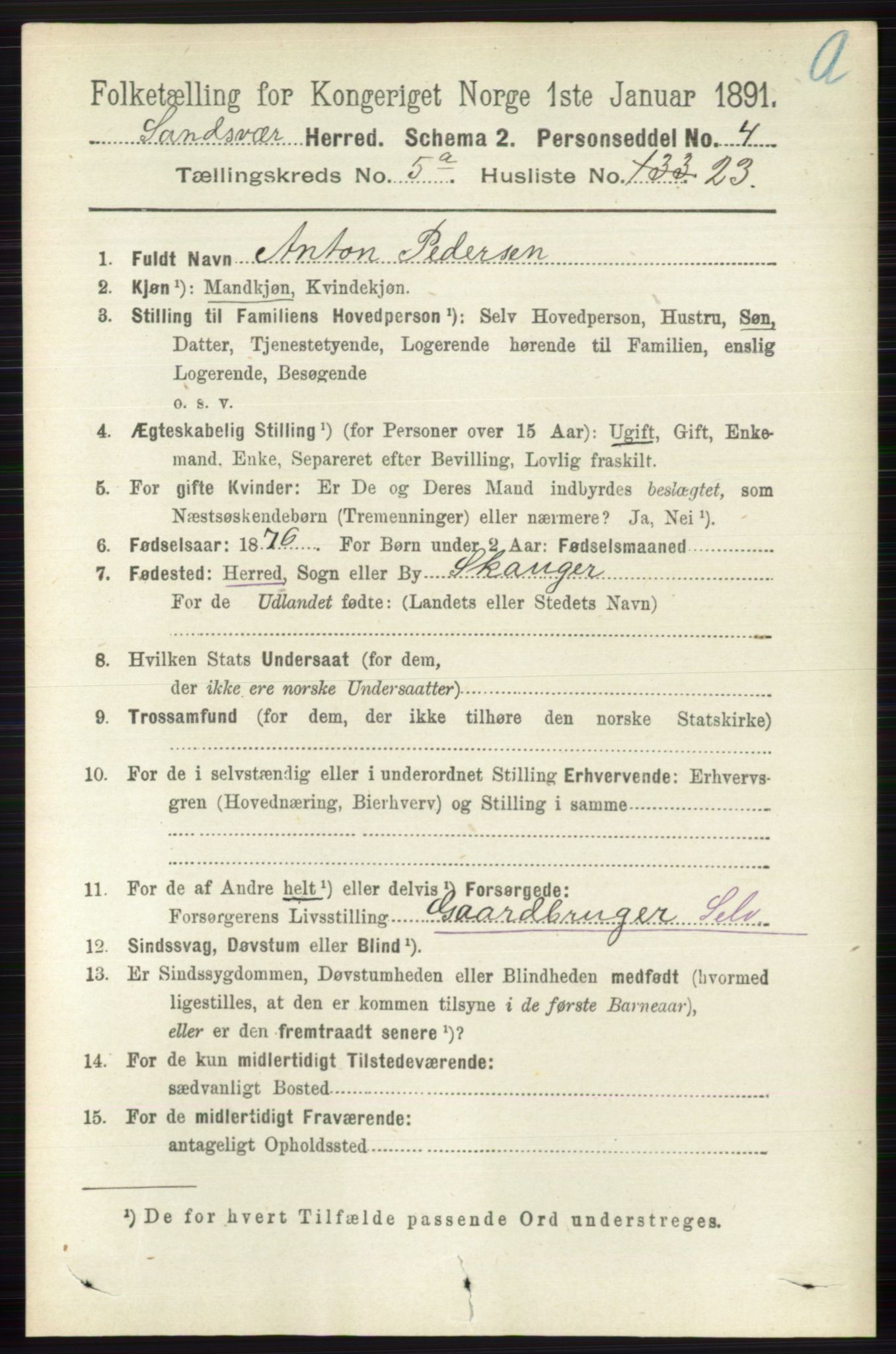 RA, 1891 census for 0629 Sandsvær, 1891, p. 2610