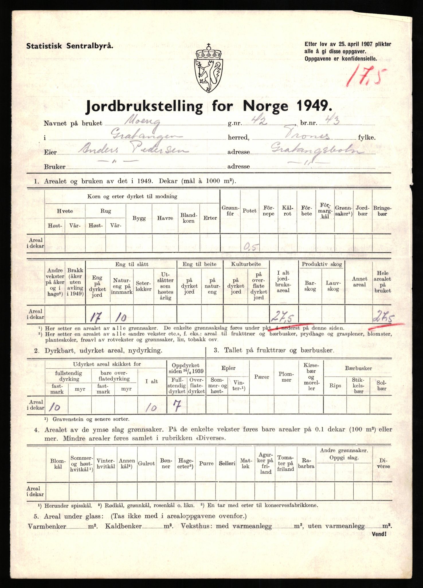 Statistisk sentralbyrå, Næringsøkonomiske emner, Jordbruk, skogbruk, jakt, fiske og fangst, AV/RA-S-2234/G/Gc/L0437: Troms: Gratangen og Lavangen, 1949, p. 1126