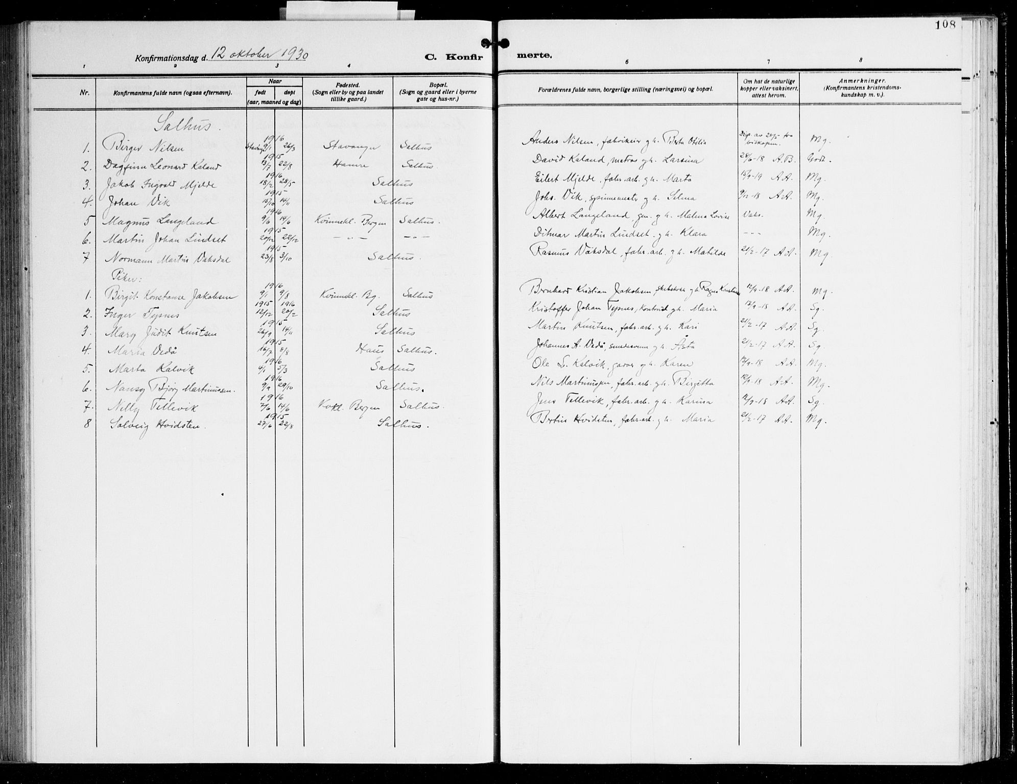 Åsane sokneprestembete, AV/SAB-A-79401/H/Hab: Parish register (copy) no. A 5, 1928-1943, p. 108