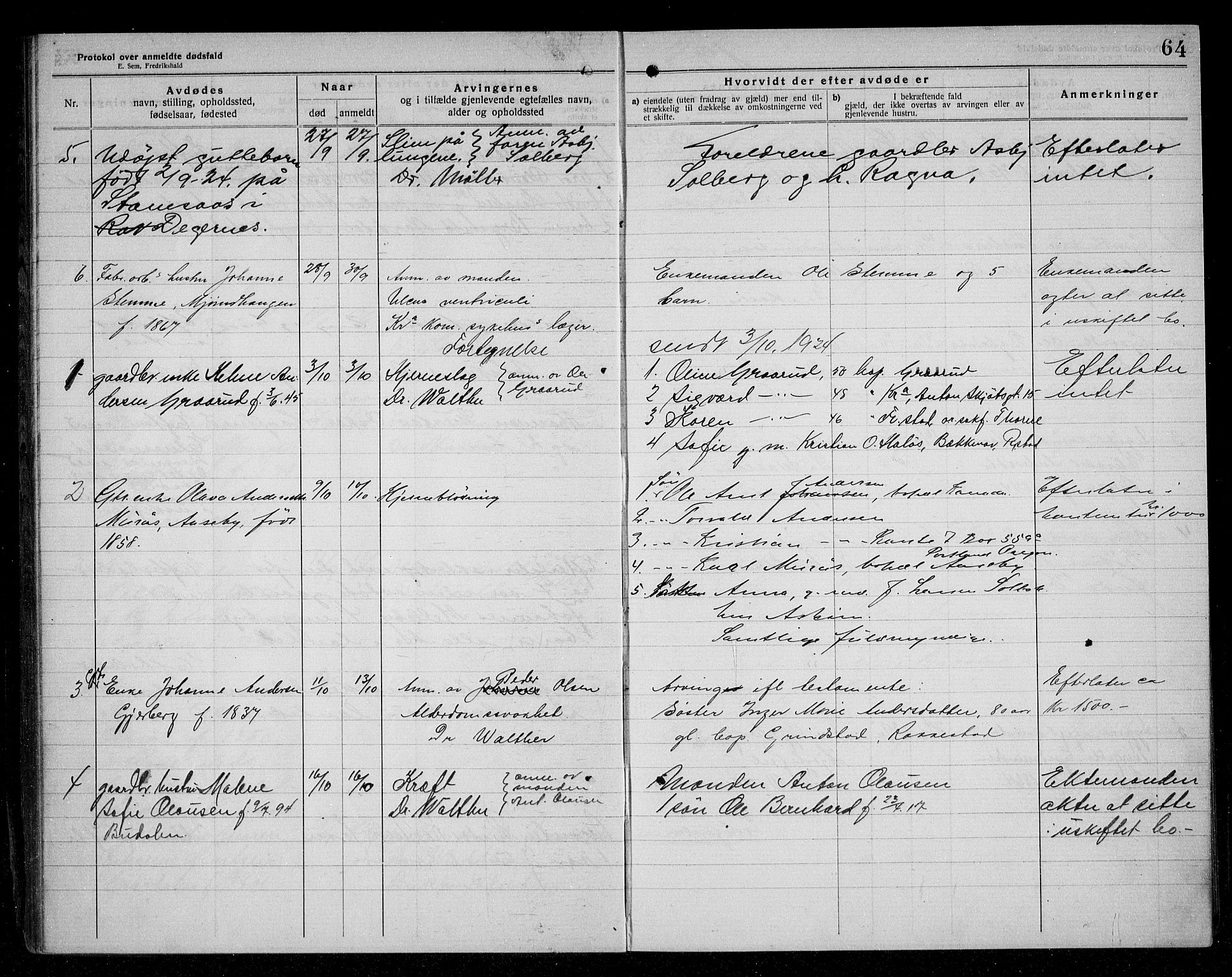 Rakkestad lensmannskontor, AV/SAO-A-10004/H/Ha/Haa/L0004: Dødsanmeldelsesprotokoll, 1920-1931, p. 64