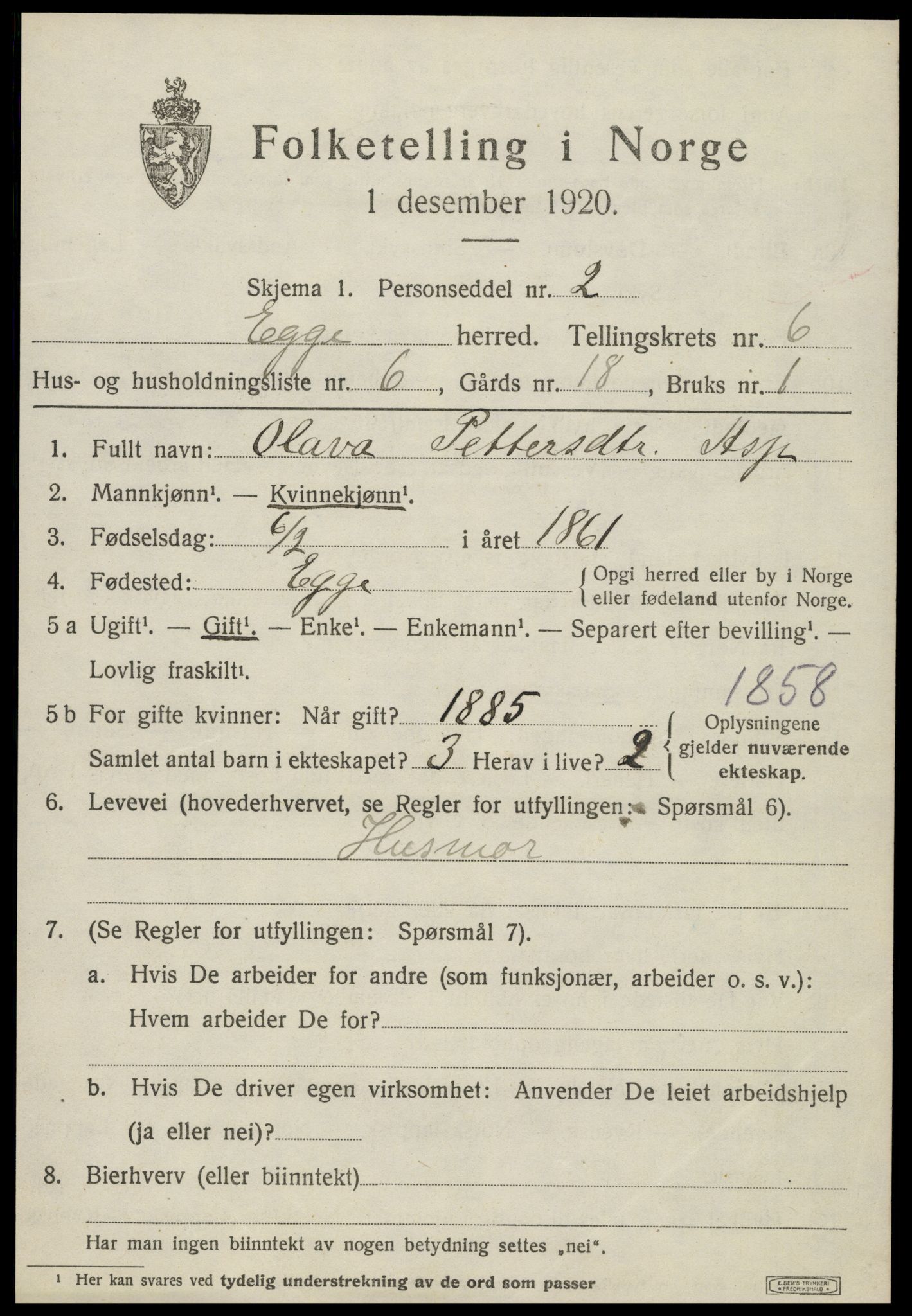 SAT, 1920 census for Egge, 1920, p. 3876