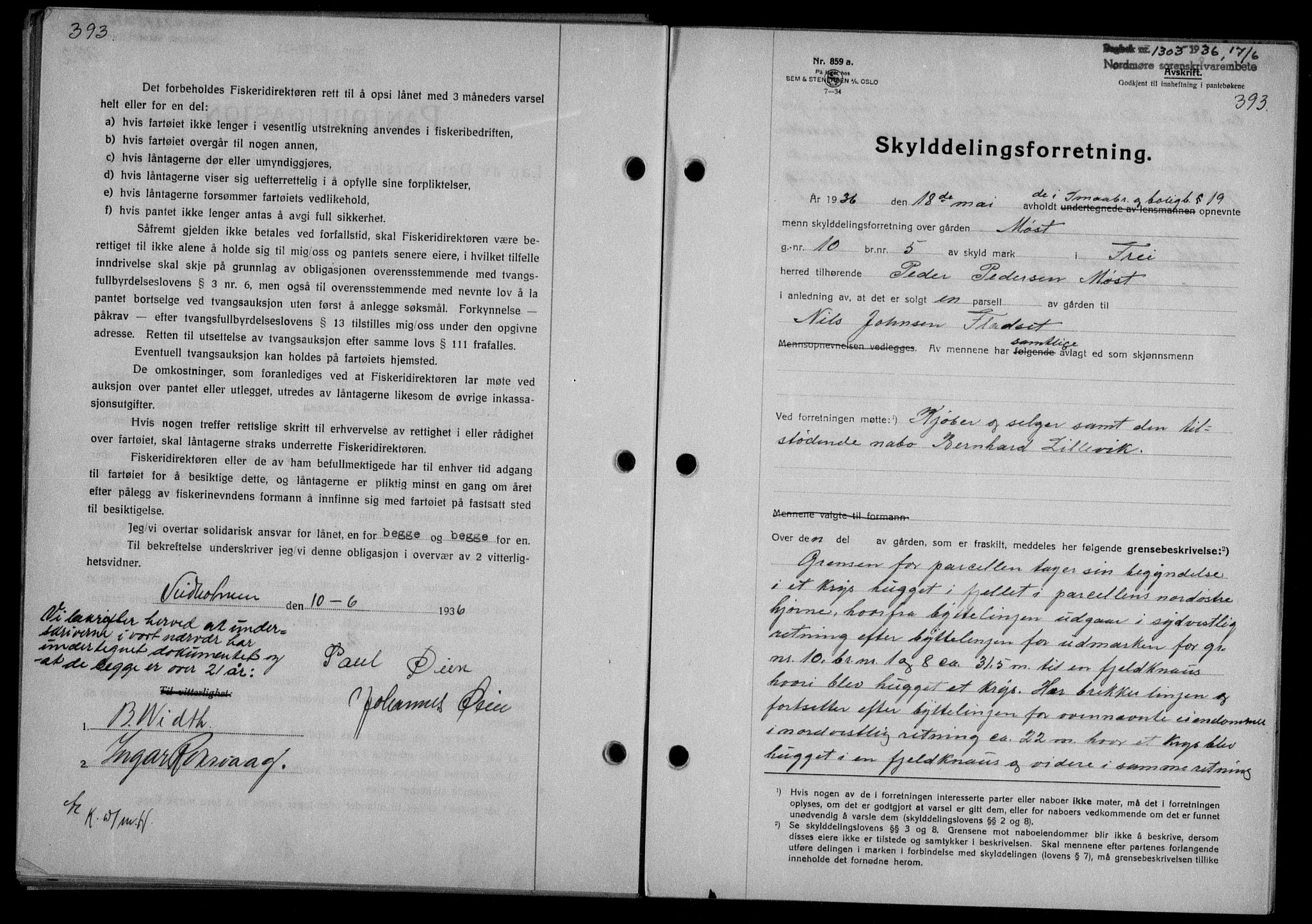 Nordmøre sorenskriveri, AV/SAT-A-4132/1/2/2Ca/L0088: Mortgage book no. 78, 1936-1936, Diary no: : 1303/1936