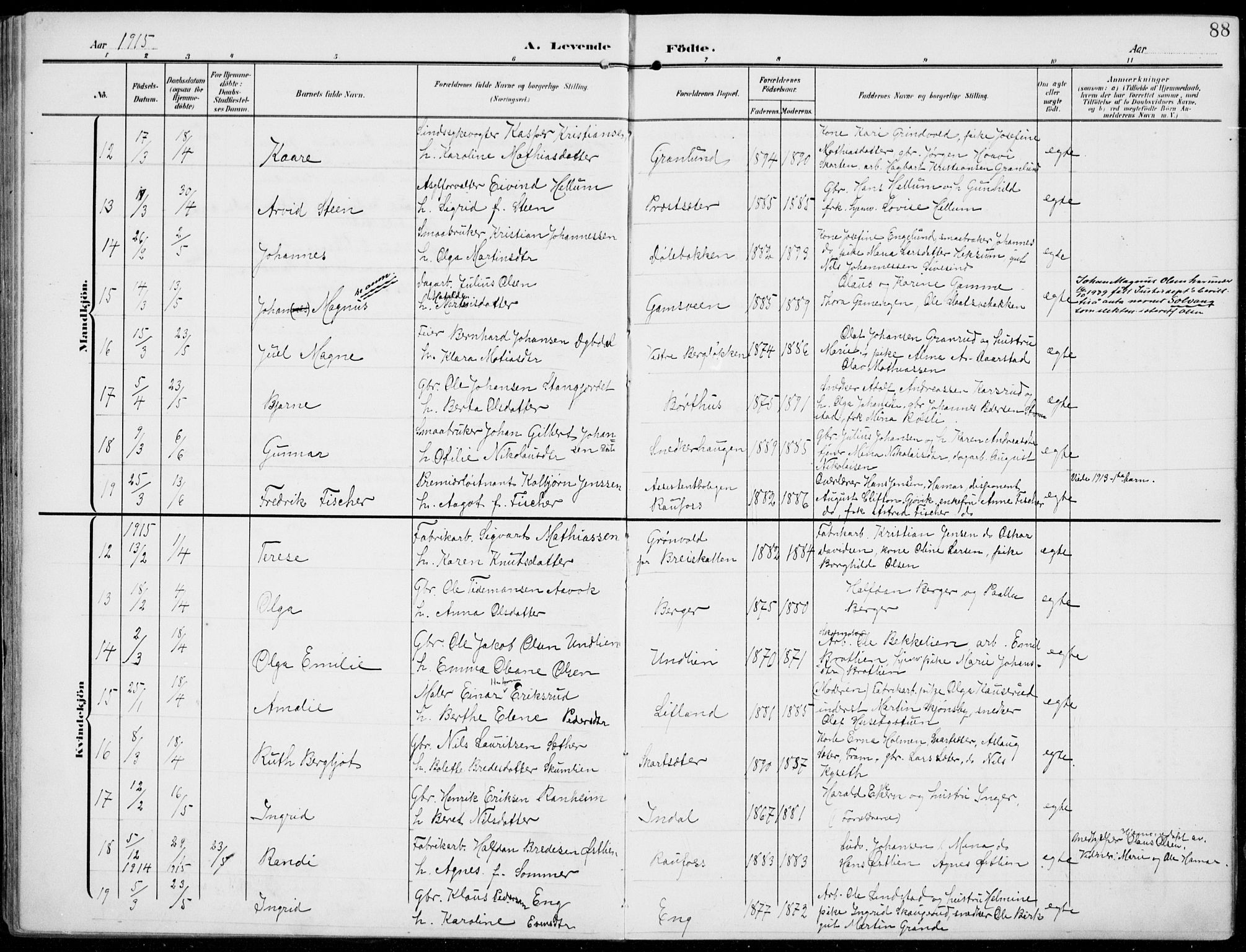 Vestre Toten prestekontor, AV/SAH-PREST-108/H/Ha/Haa/L0014: Parish register (official) no. 14, 1907-1920, p. 88