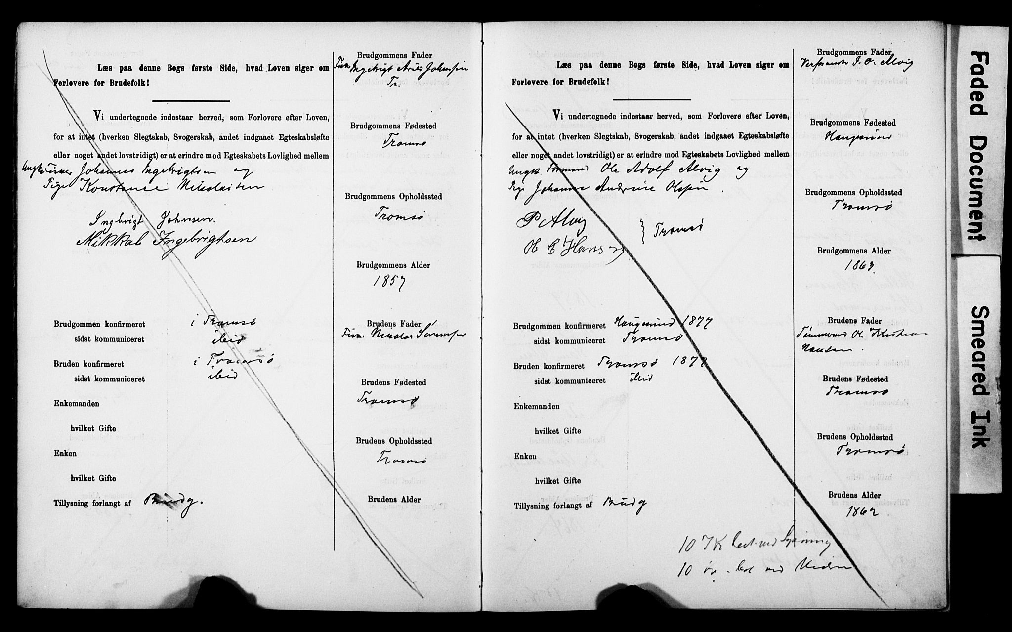 Tromsø sokneprestkontor/stiftsprosti/domprosti, AV/SATØ-S-1343/H/Hc/L0099/0001: Banns register no. 99.1, 1886-1892