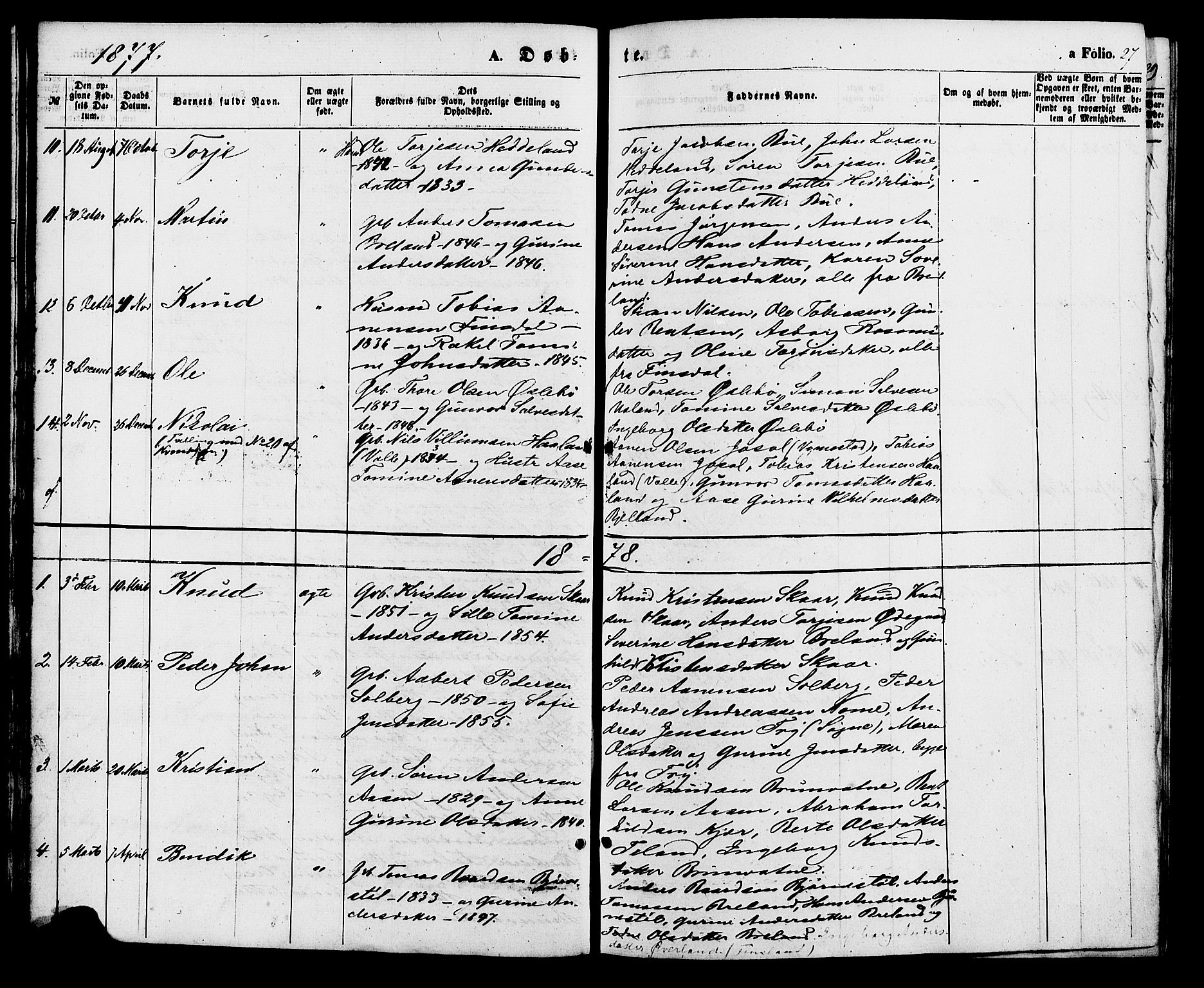 Holum sokneprestkontor, AV/SAK-1111-0022/F/Fa/Fac/L0003: Parish register (official) no. A 3, 1860-1883, p. 27