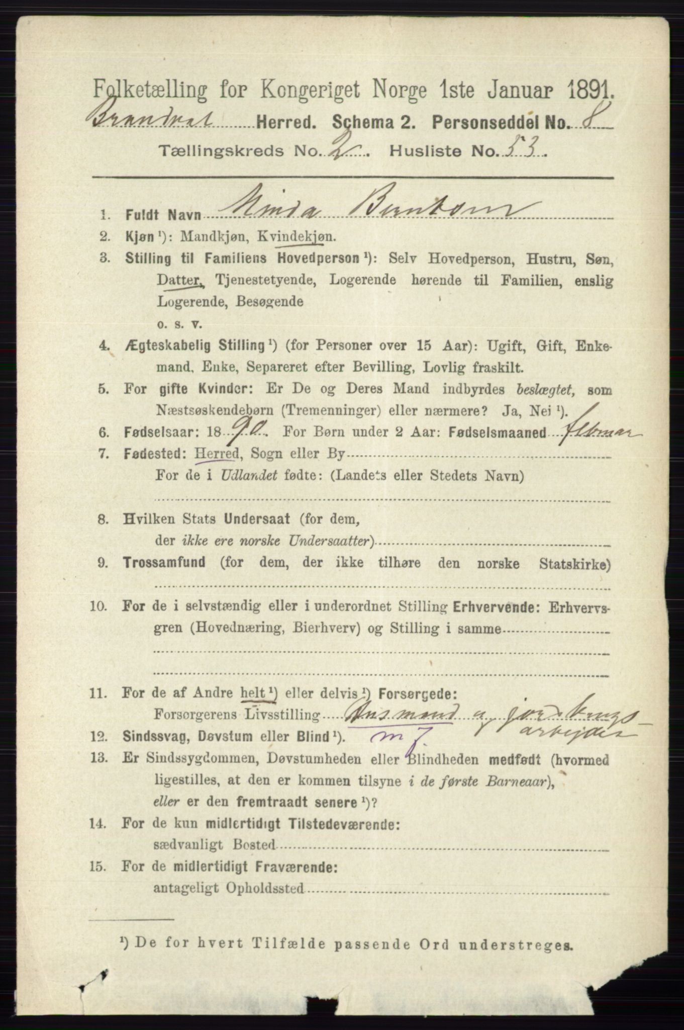 RA, 1891 census for 0422 Brandval, 1891, p. 1157