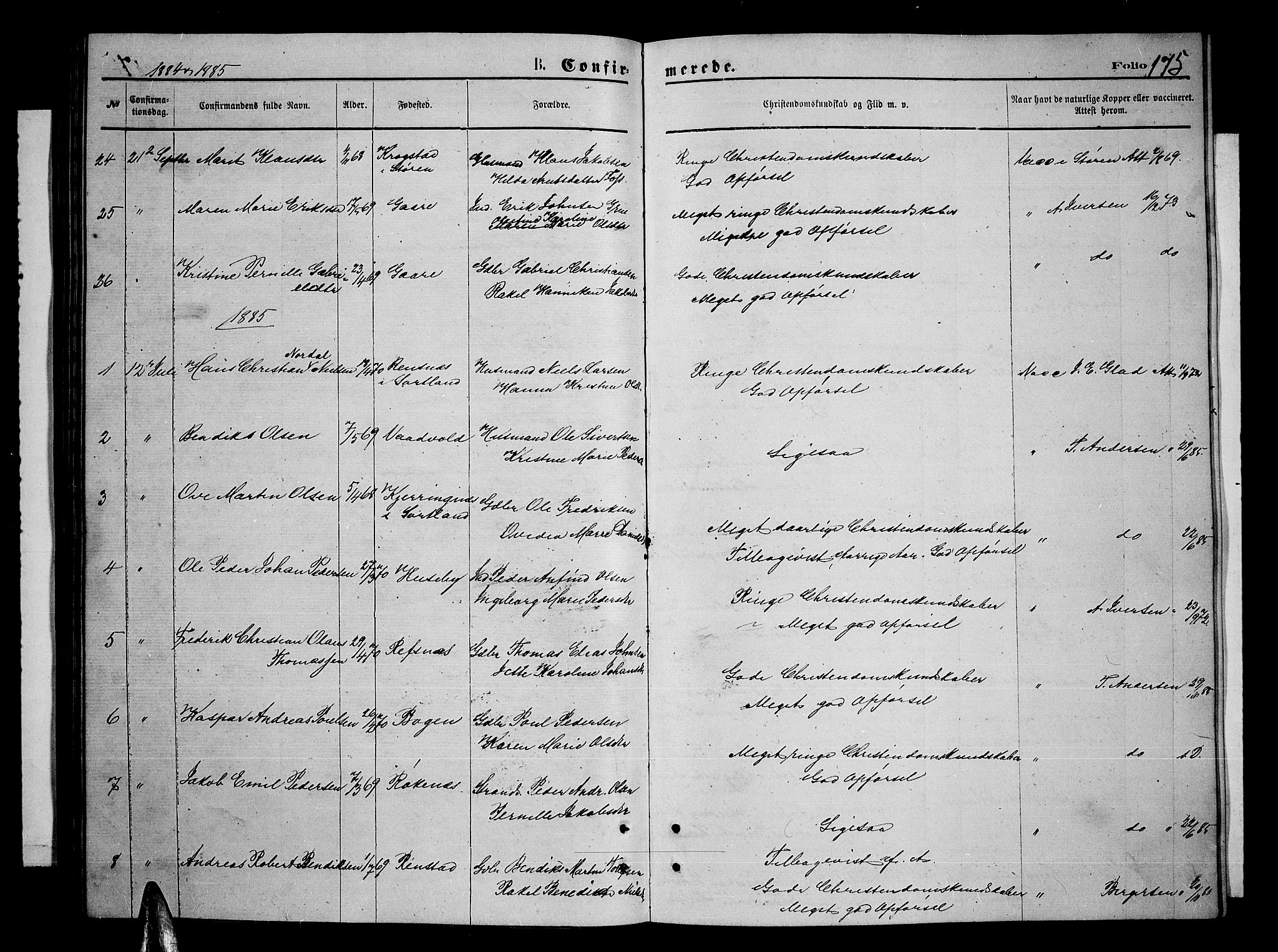 Kvæfjord sokneprestkontor, SATØ/S-1323/G/Ga/Gab/L0004klokker: Parish register (copy) no. 4, 1870-1886, p. 175