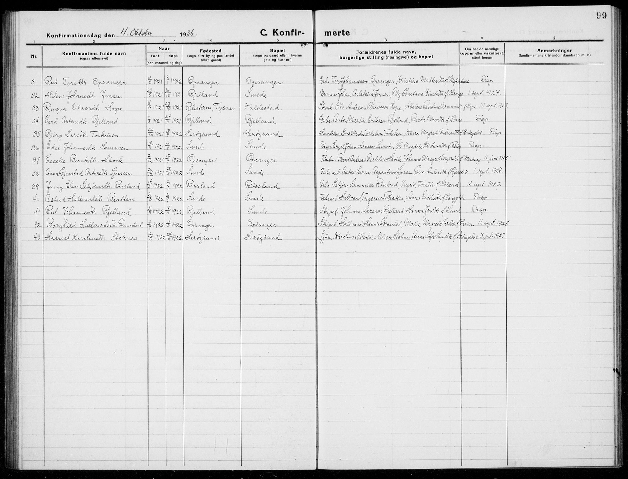 Husnes Sokneprestembete, SAB/A-75901/H/Hab: Parish register (copy) no. A  3, 1915-1936, p. 99