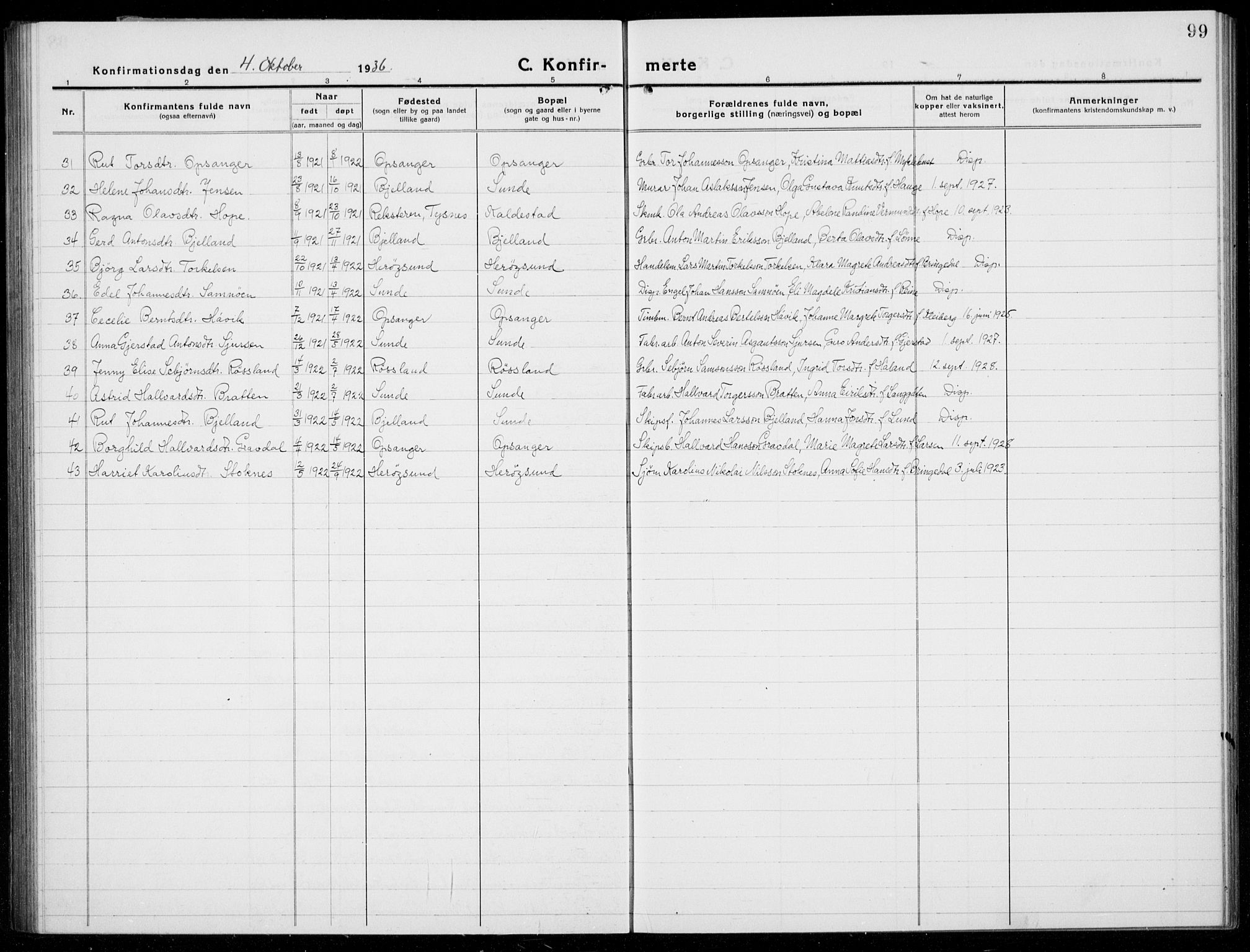 Husnes Sokneprestembete, AV/SAB-A-75901/H/Hab: Parish register (copy) no. A  3, 1915-1936, p. 99