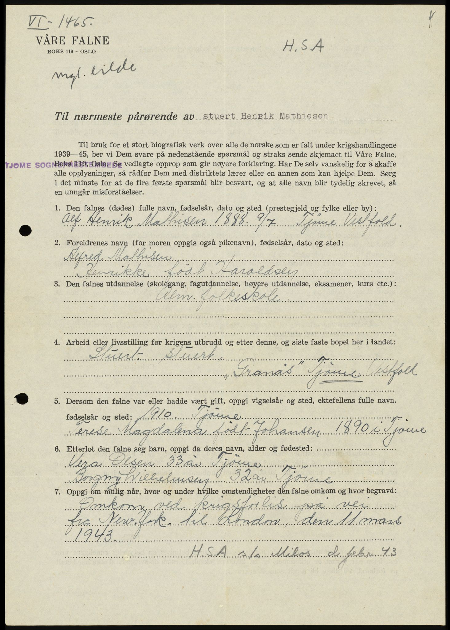 Sosialdepartementet, Våre Falne, RA/S-1708/E/Ee/L0094: Personmapper: Maliniak, M 4567c - Mathisen, Alfred 4635b, 1945-1951, p. 1003