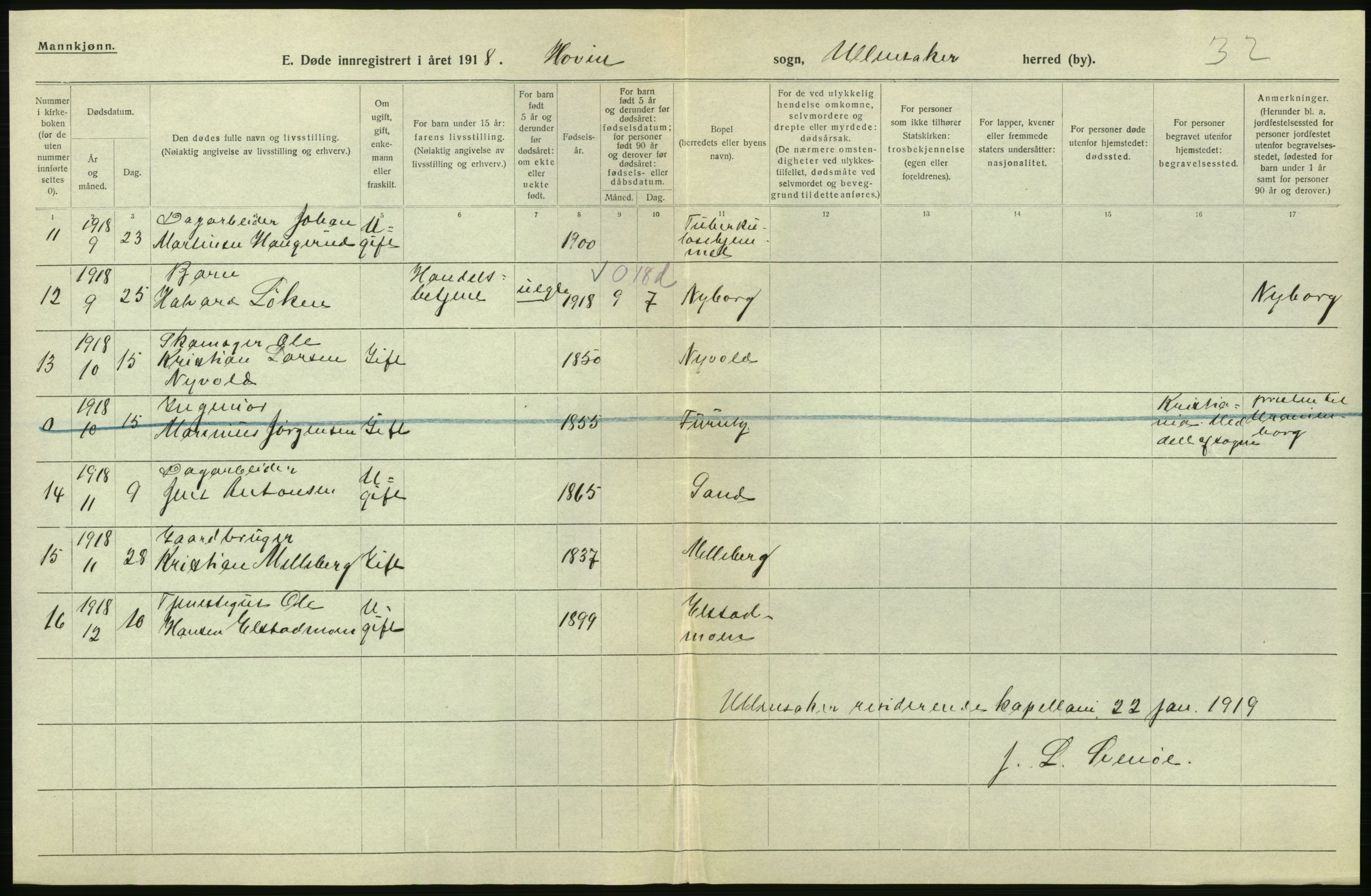 Statistisk sentralbyrå, Sosiodemografiske emner, Befolkning, AV/RA-S-2228/D/Df/Dfb/Dfbh/L0006: Akershus fylke: Døde. Bygder og byer., 1918, p. 296