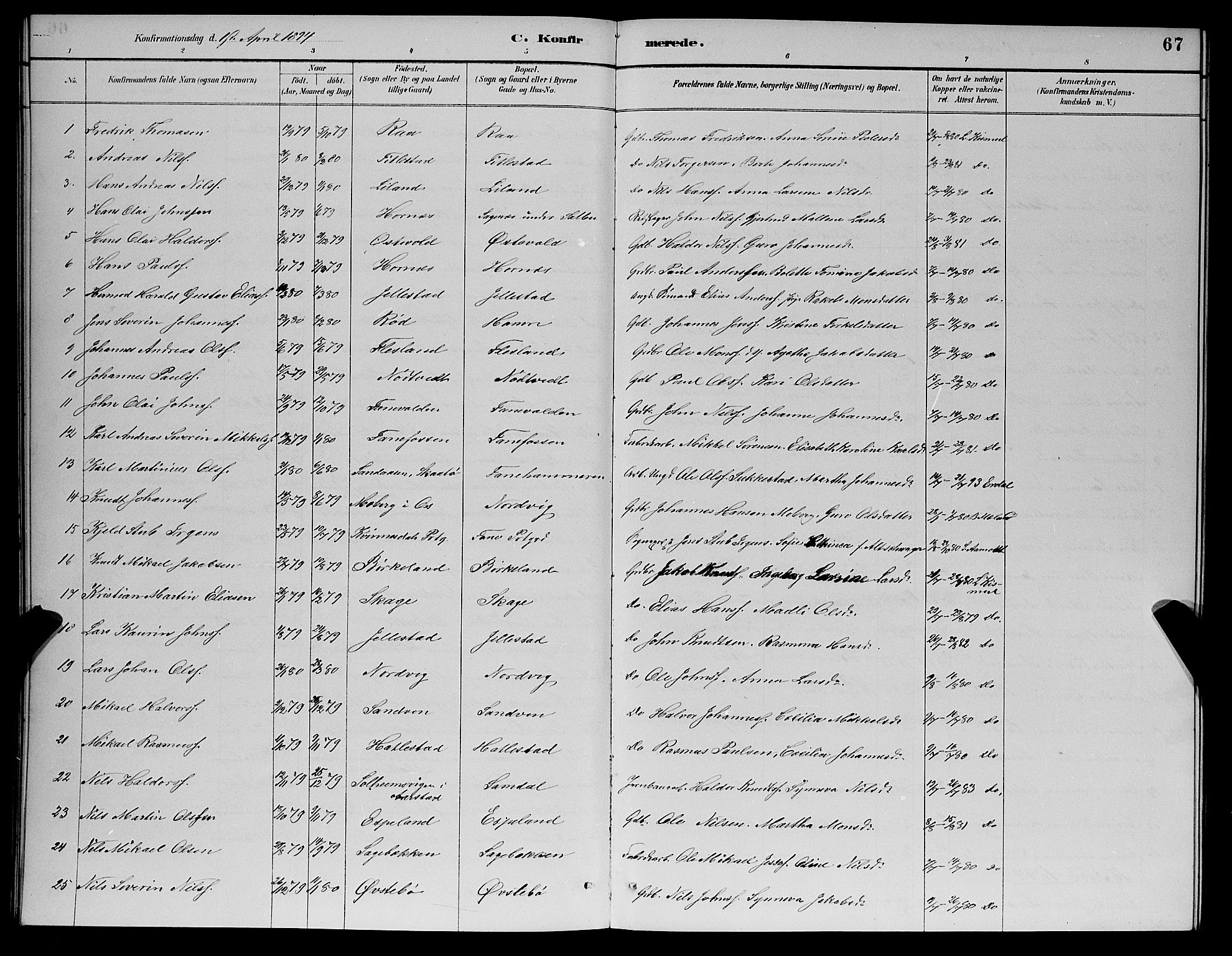 Fana Sokneprestembete, SAB/A-75101/H/Hab/Haba/L0002: Parish register (copy) no. A 2, 1889-1895, p. 67