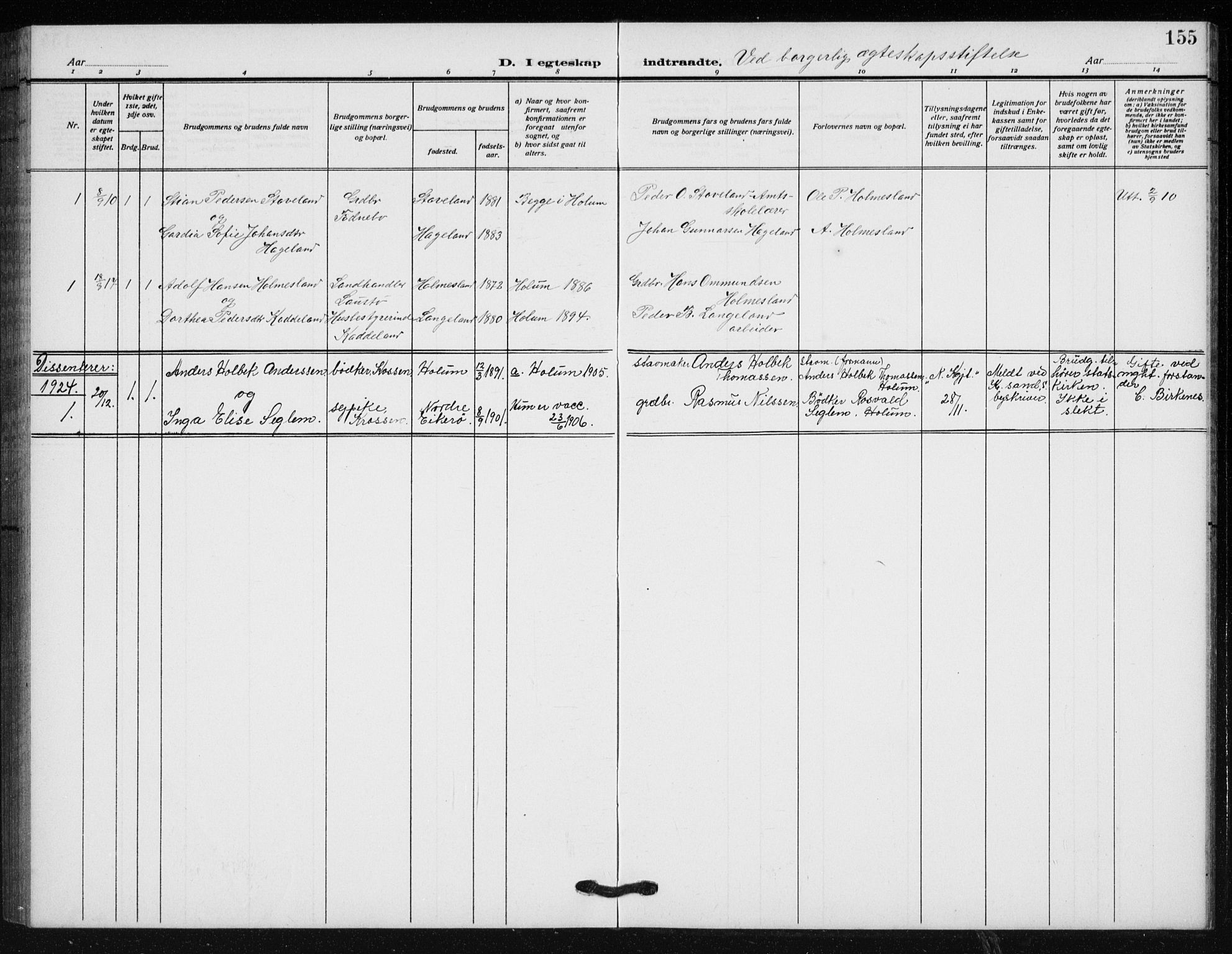 Holum sokneprestkontor, SAK/1111-0022/F/Fb/Fba/L0006: Parish register (copy) no. B 6, 1910-1936, p. 155