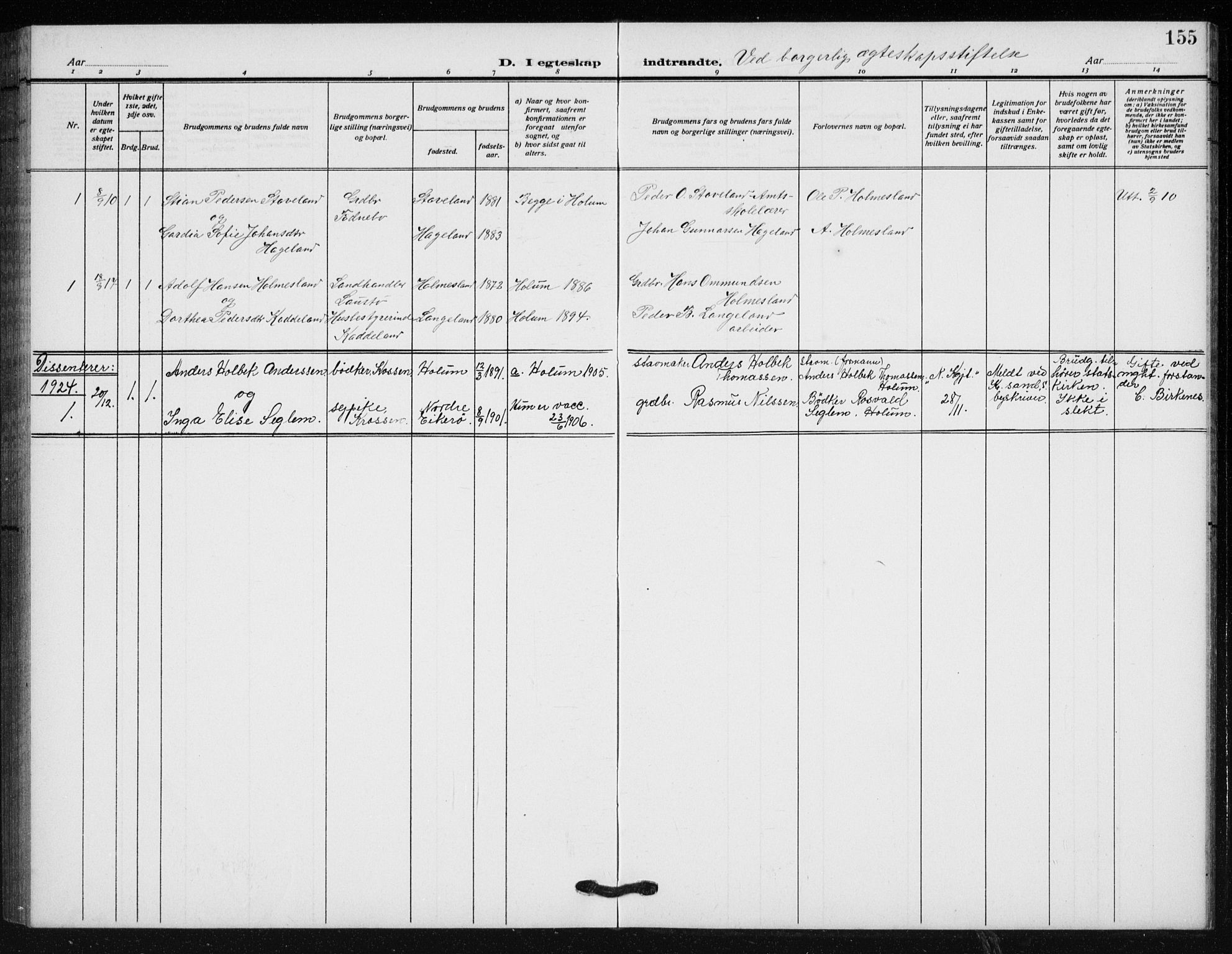 Holum sokneprestkontor, AV/SAK-1111-0022/F/Fb/Fba/L0006: Parish register (copy) no. B 6, 1910-1936, p. 155