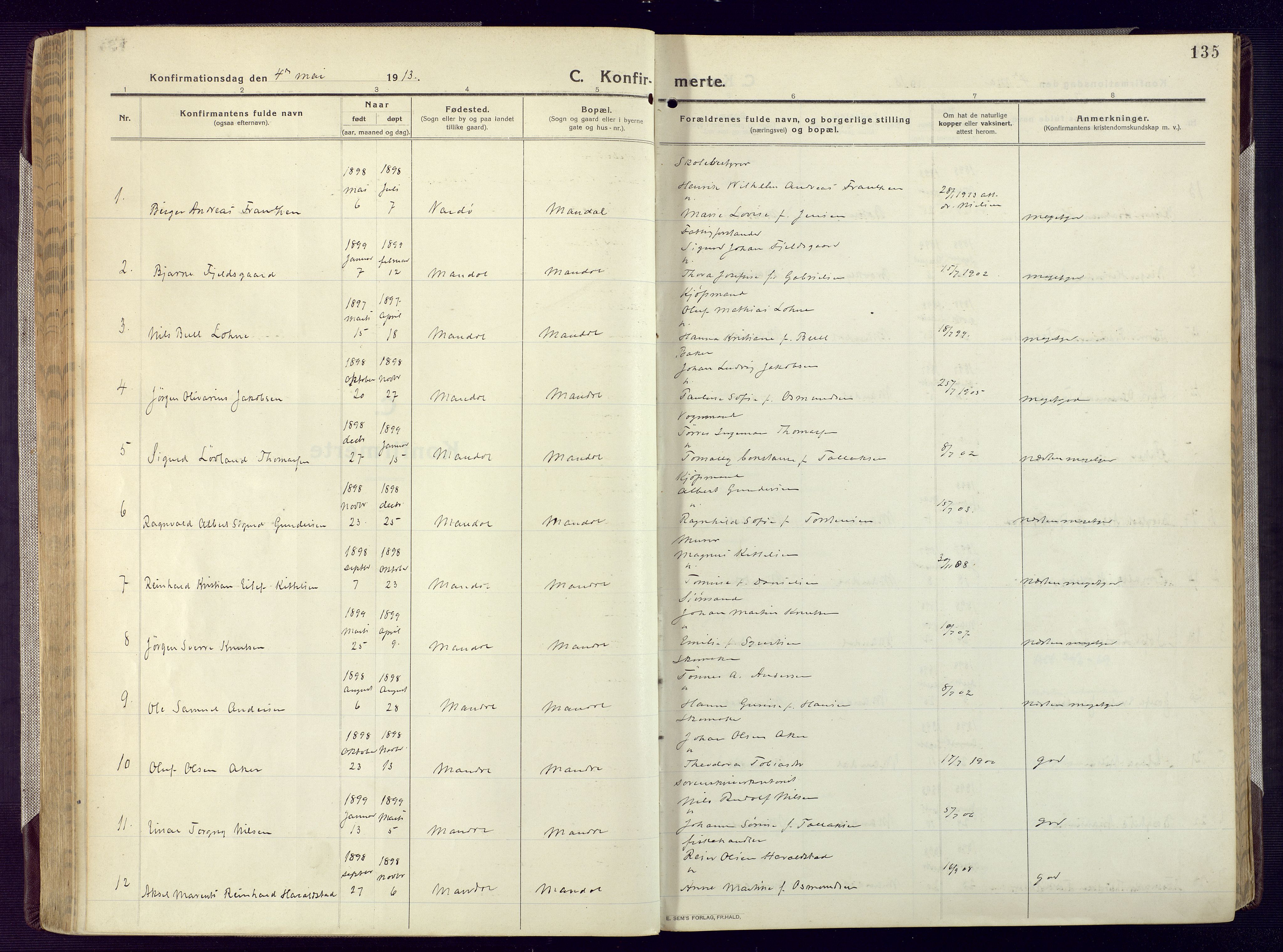Mandal sokneprestkontor, SAK/1111-0030/F/Fa/Fac/L0001: Parish register (official) no. A 1, 1913-1925, p. 135