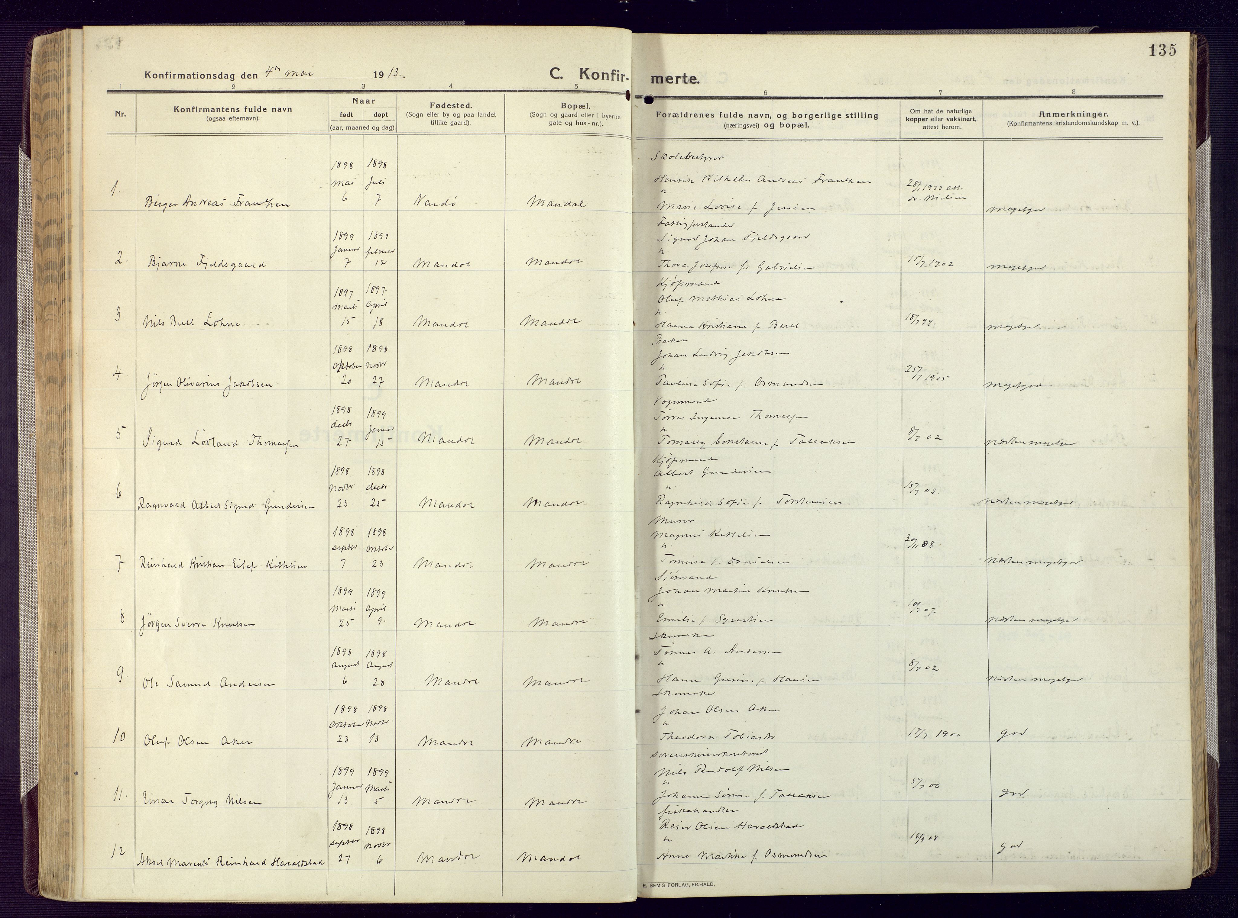 Mandal sokneprestkontor, AV/SAK-1111-0030/F/Fa/Fac/L0001: Parish register (official) no. A 1, 1913-1925, p. 135