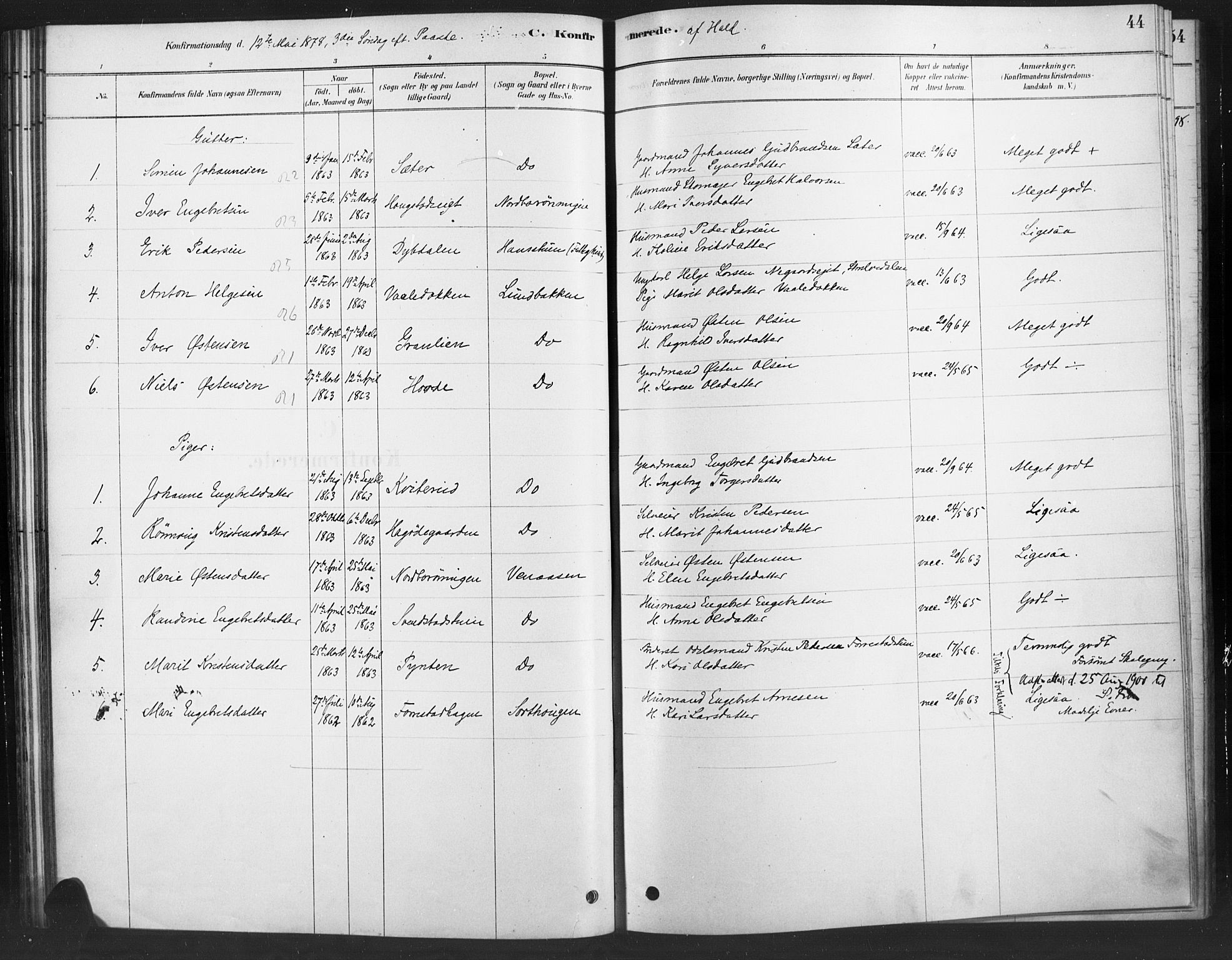 Ringebu prestekontor, SAH/PREST-082/H/Ha/Haa/L0010: Parish register (official) no. 10, 1878-1898, p. 44