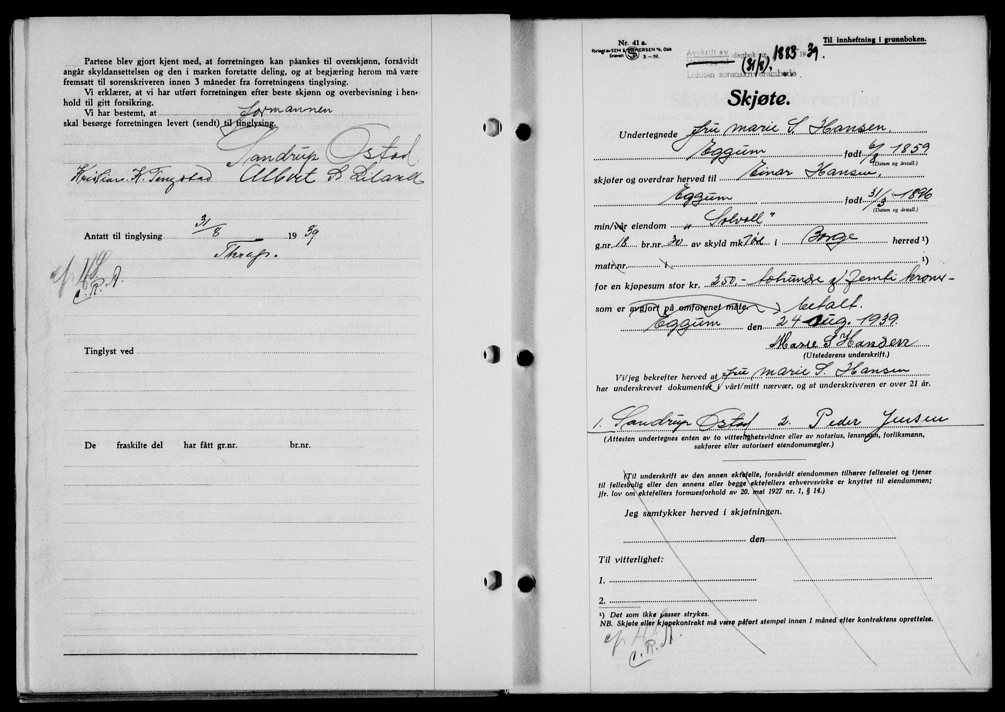 Lofoten sorenskriveri, SAT/A-0017/1/2/2C/L0006a: Mortgage book no. 6a, 1939-1939, Diary no: : 1883/1939