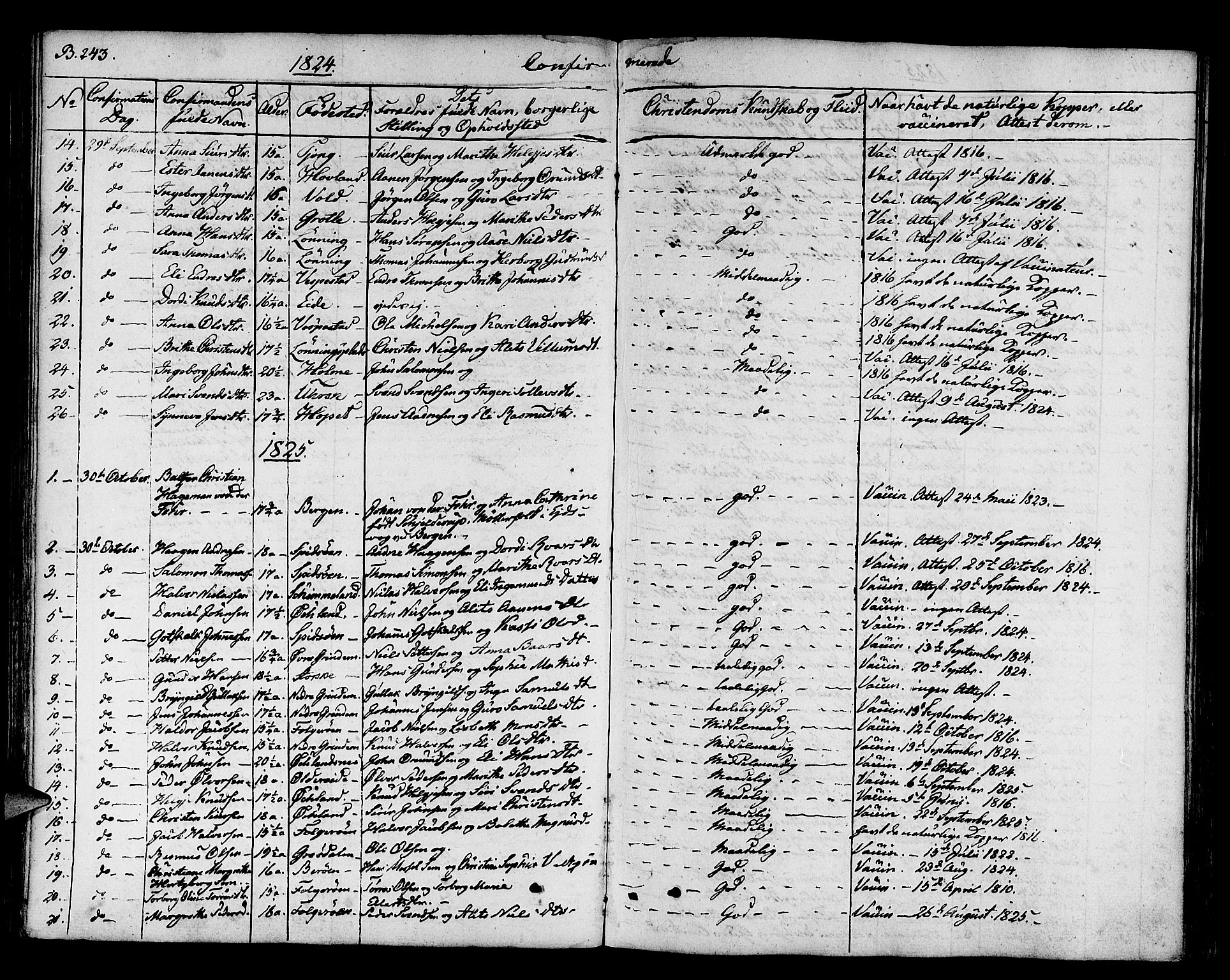 Finnås sokneprestembete, SAB/A-99925/H/Ha/Haa/Haaa/L0005: Parish register (official) no. A 5, 1823-1835, p. 243