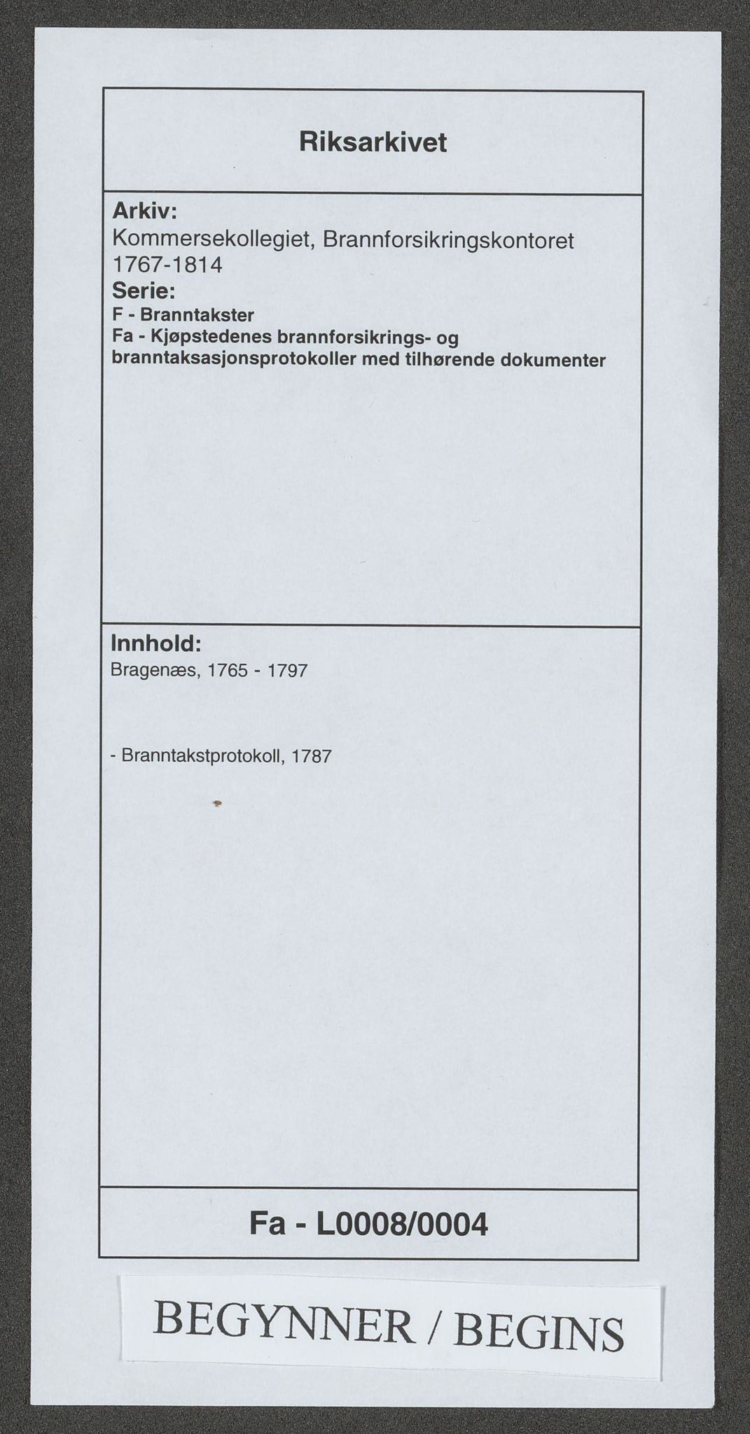 Kommersekollegiet, Brannforsikringskontoret 1767-1814, RA/EA-5458/F/Fa/L0008/0004: Bragernes / Branntakstprotokoll, 1787