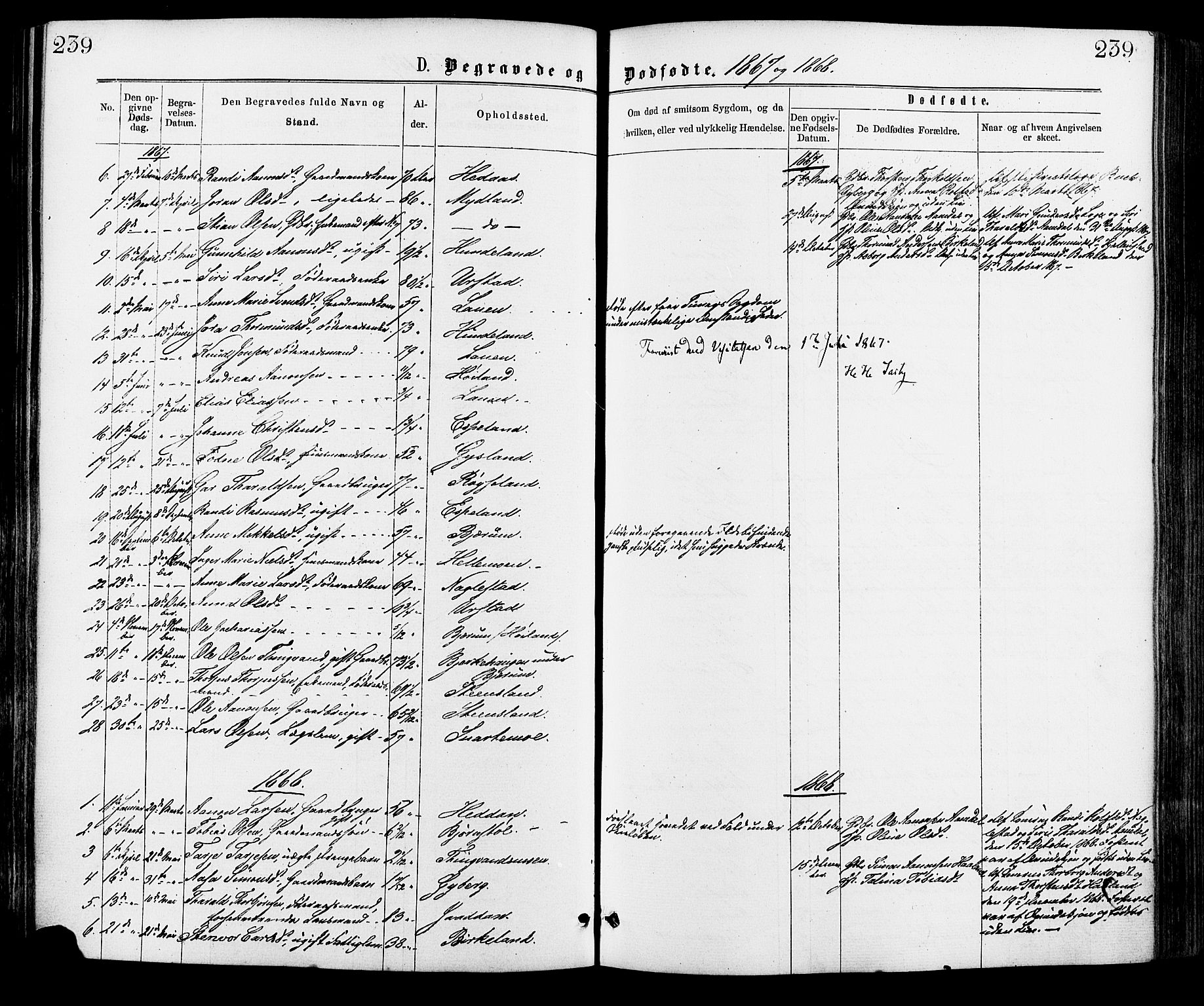 Hægebostad sokneprestkontor, AV/SAK-1111-0024/F/Fa/Faa/L0005: Parish register (official) no. A 5, 1864-1886, p. 239