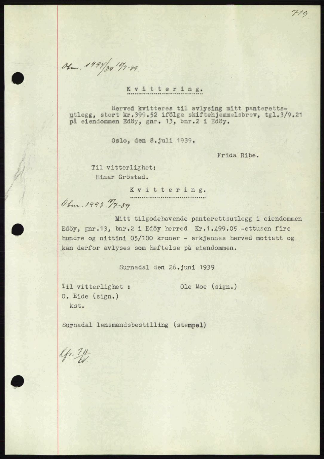 Nordmøre sorenskriveri, AV/SAT-A-4132/1/2/2Ca: Mortgage book no. B85, 1939-1939