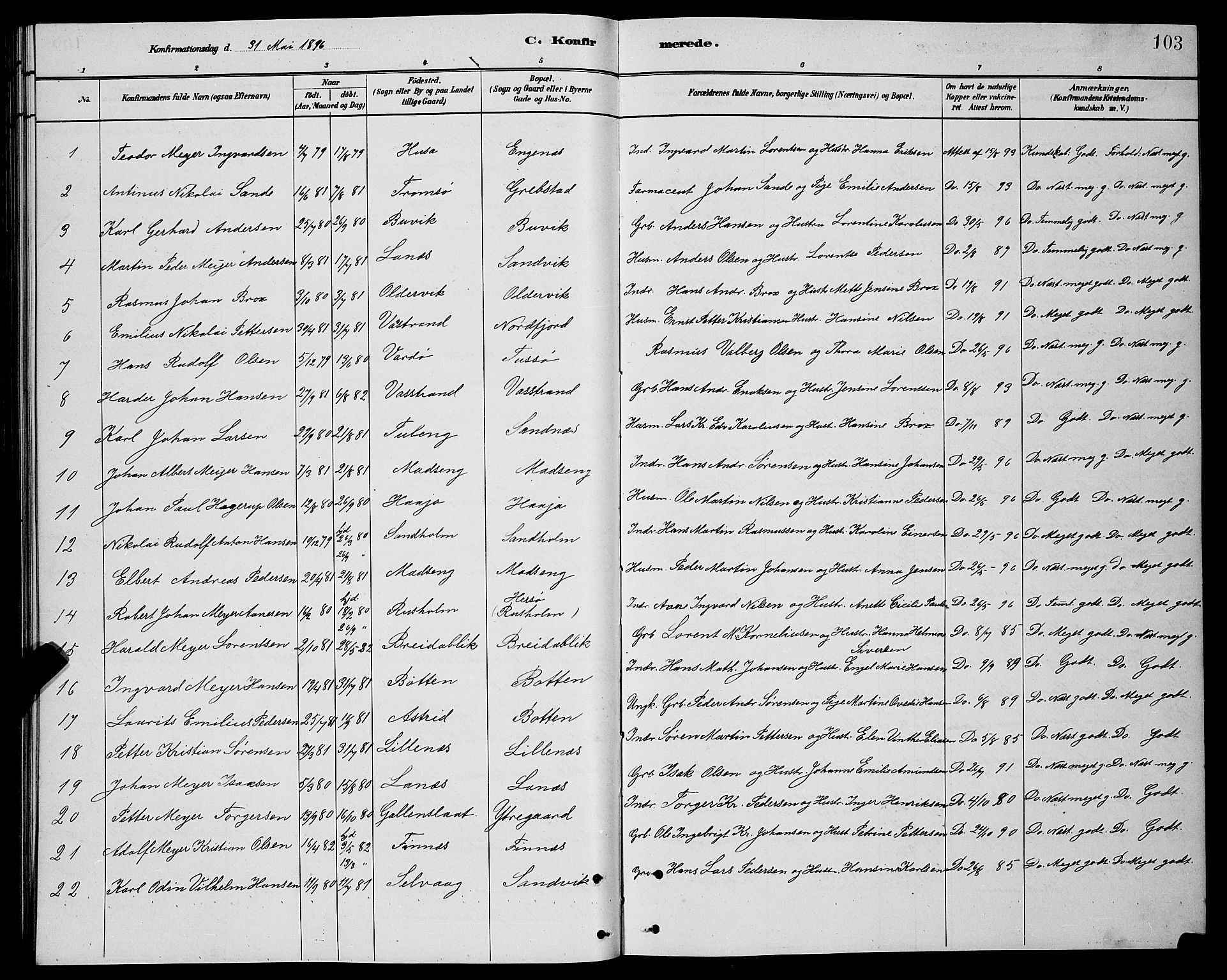 Lenvik sokneprestembete, SATØ/S-1310/H/Ha/Hab/L0021klokker: Parish register (copy) no. 21, 1884-1900, p. 103