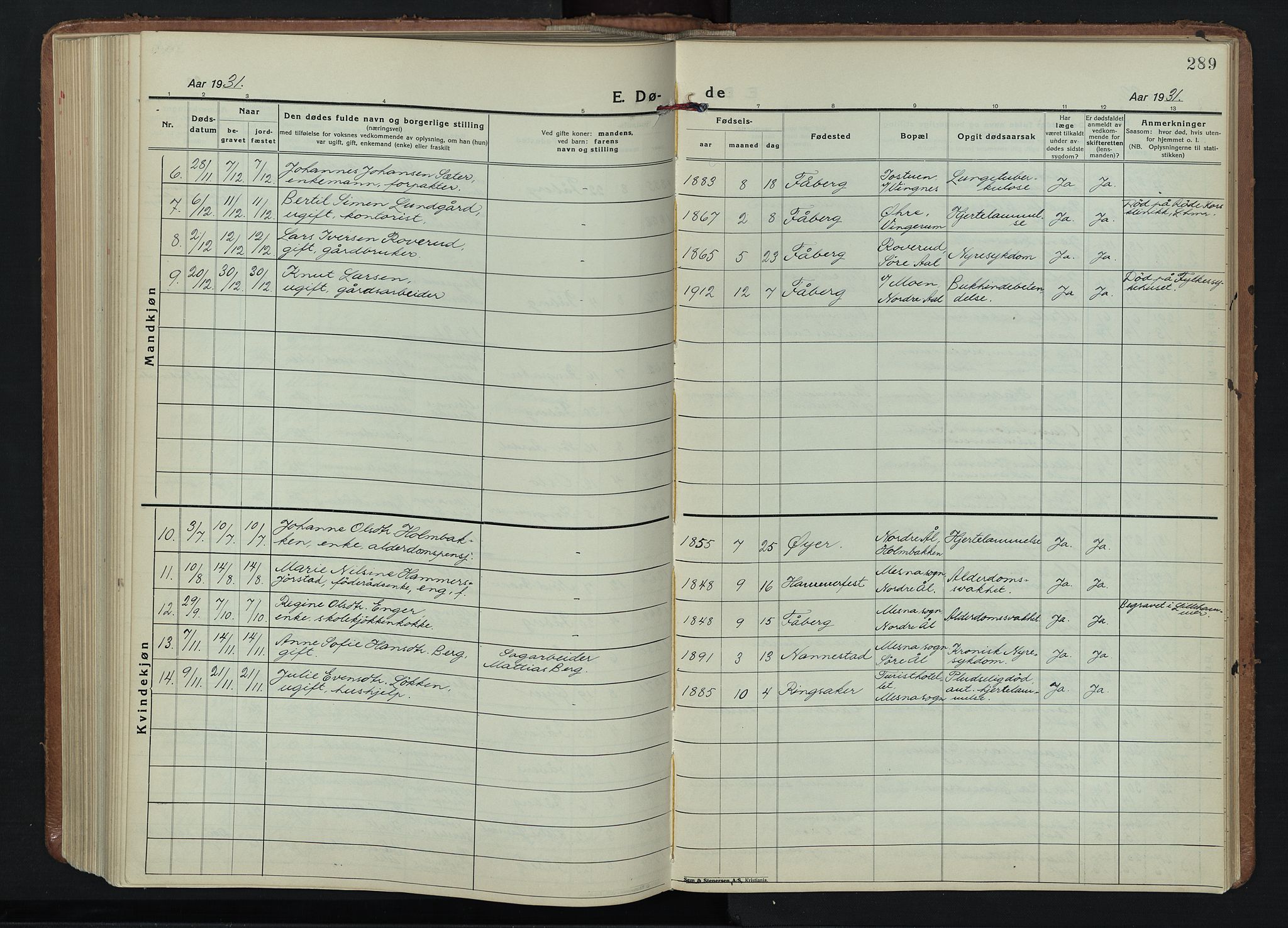 Fåberg prestekontor, SAH/PREST-086/H/Ha/Hab/L0015: Parish register (copy) no. 15, 1924-1949, p. 289