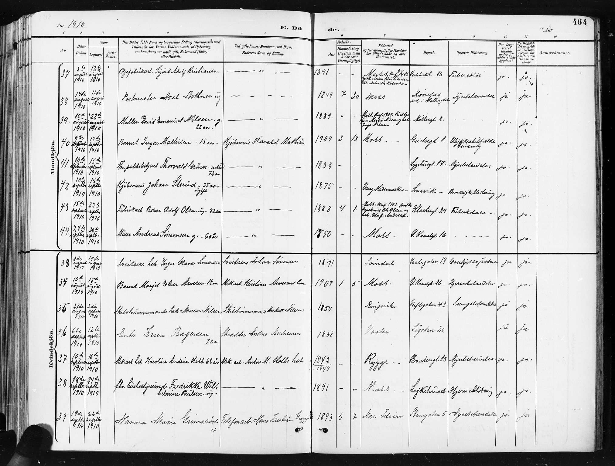 Moss prestekontor Kirkebøker, AV/SAO-A-2003/G/Ga/L0007: Parish register (copy) no. I 7, 1901-1912, p. 464