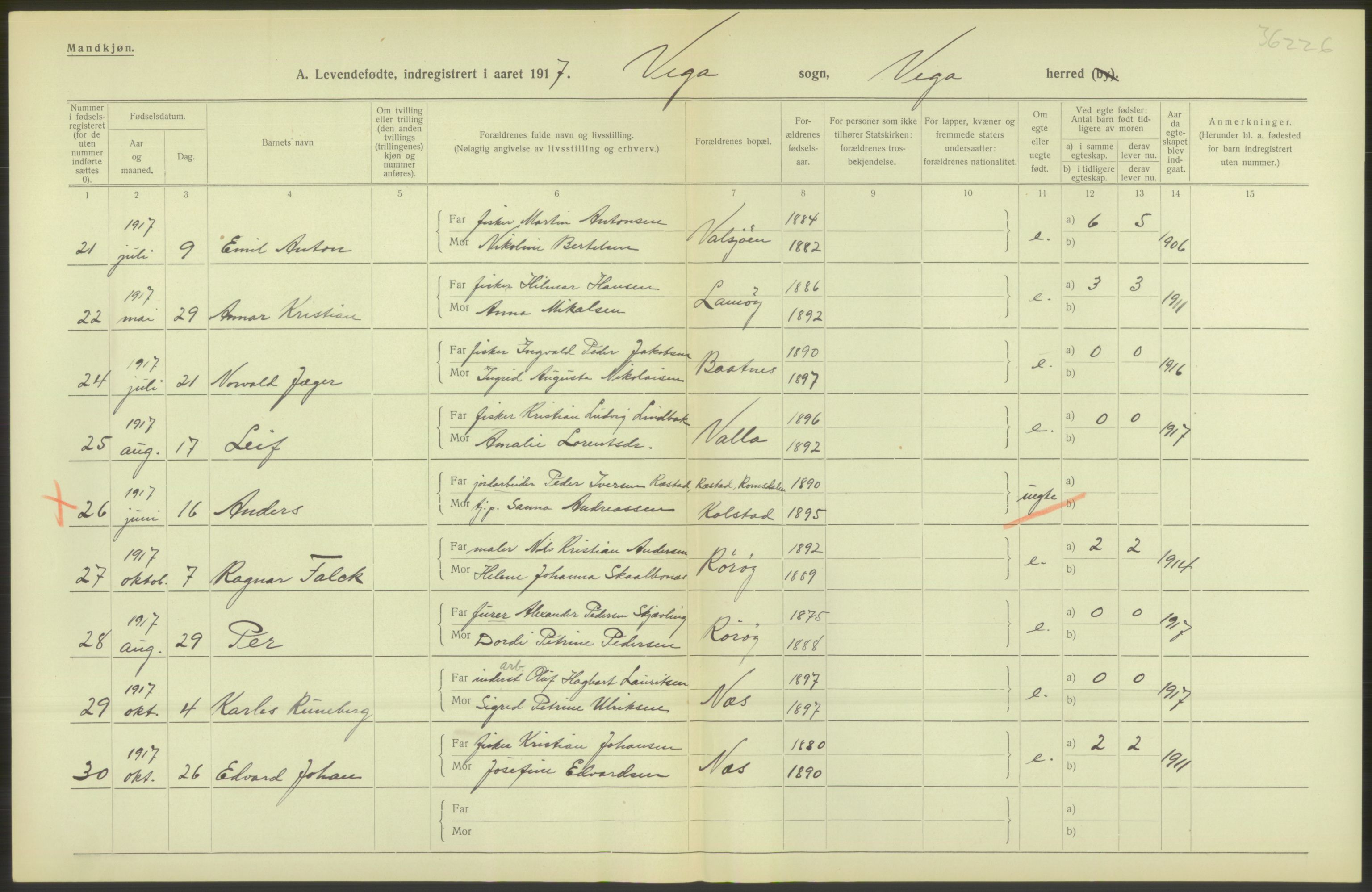 Statistisk sentralbyrå, Sosiodemografiske emner, Befolkning, RA/S-2228/D/Df/Dfb/Dfbg/L0050: Nordlands amt: Levendefødte menn og kvinner. Bygder., 1917, p. 600