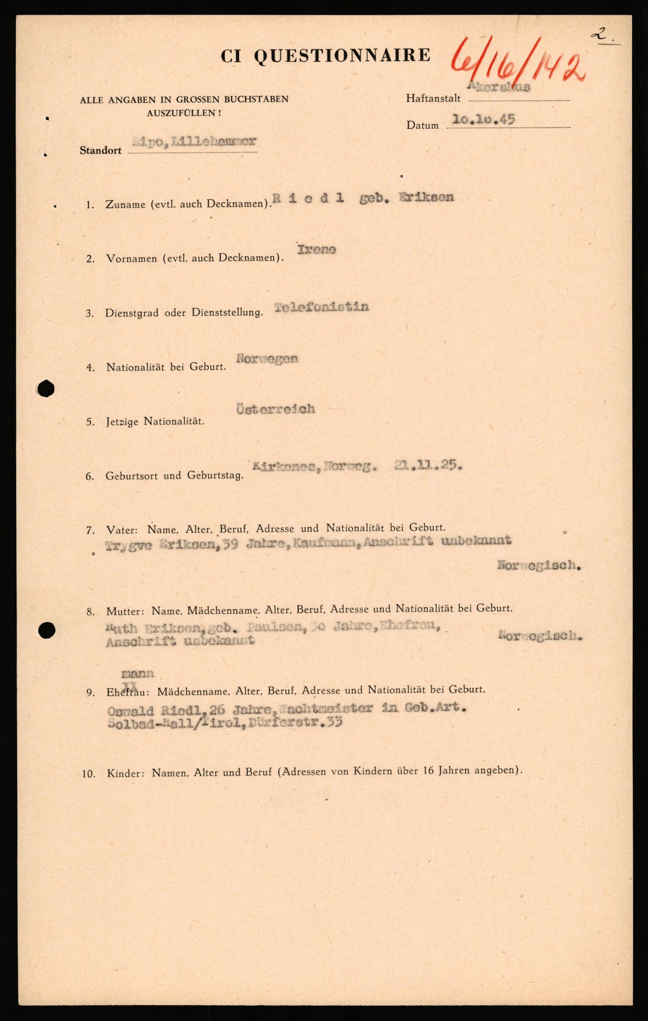 Forsvaret, Forsvarets overkommando II, AV/RA-RAFA-3915/D/Db/L0040: CI Questionaires. Tyske okkupasjonsstyrker i Norge. Østerrikere., 1945-1946, p. 104