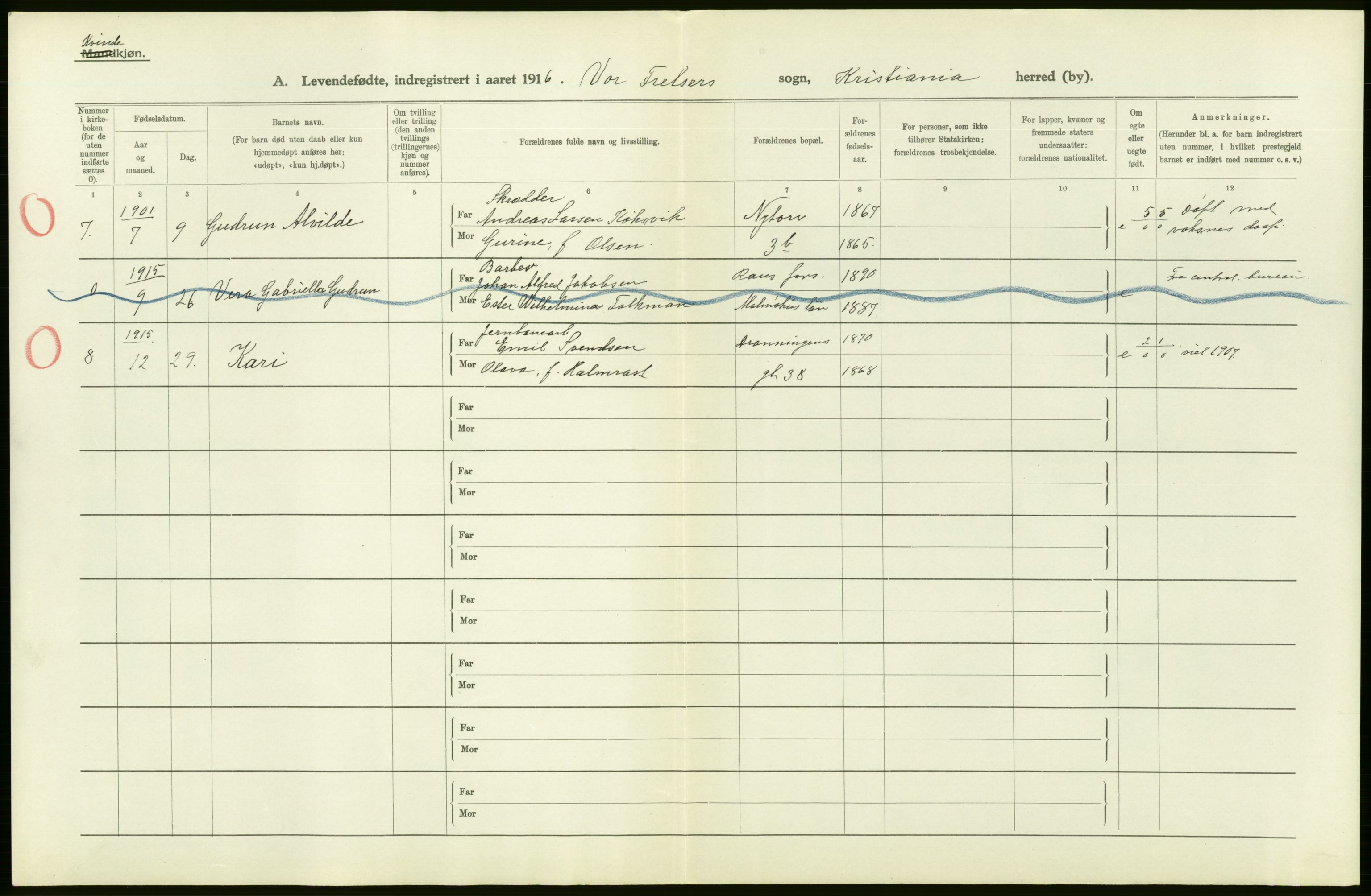 Statistisk sentralbyrå, Sosiodemografiske emner, Befolkning, AV/RA-S-2228/D/Df/Dfb/Dfbf/L0006: Kristiania: Levendefødte menn og kvinner., 1916, p. 26