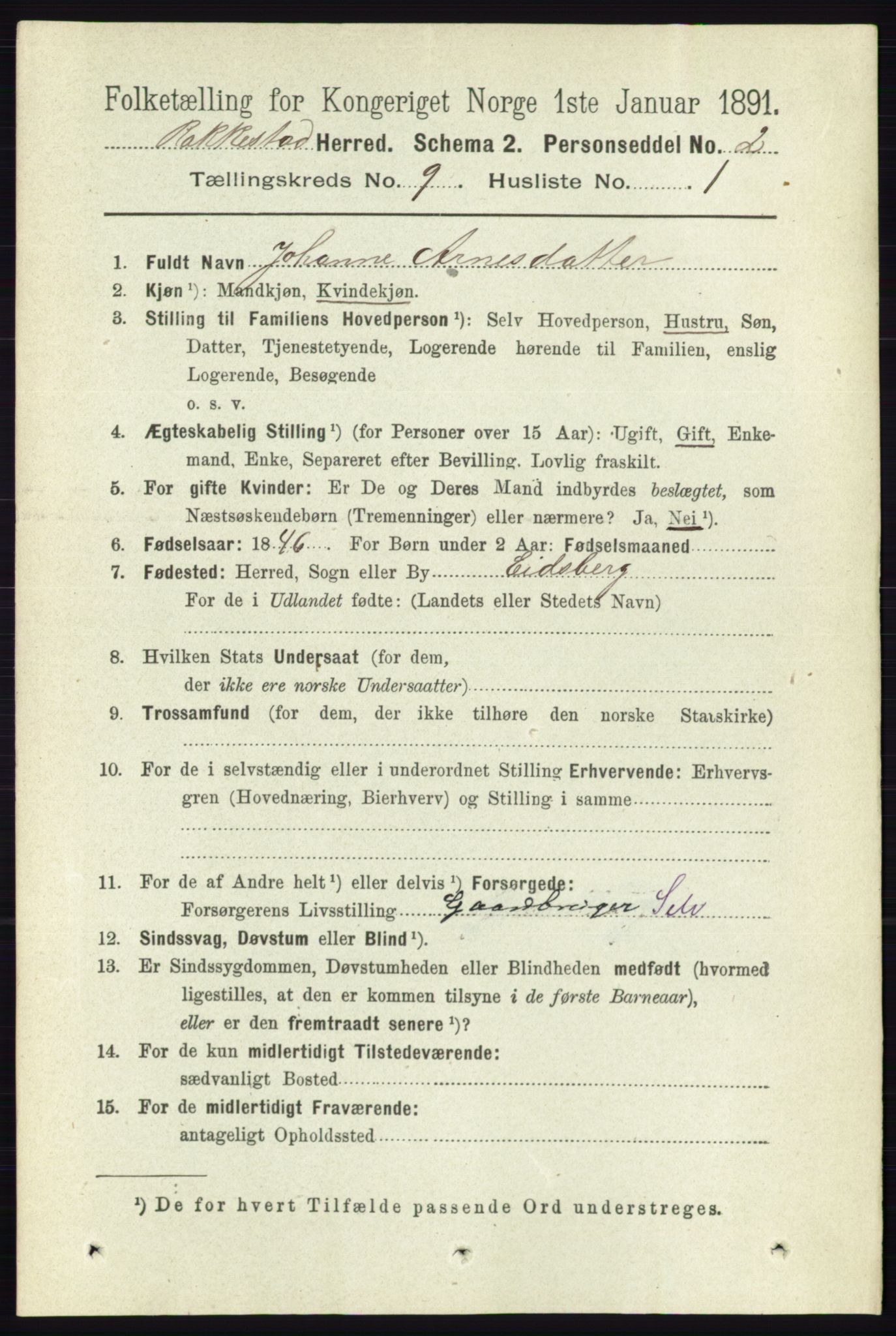 RA, 1891 census for 0128 Rakkestad, 1891, p. 4095