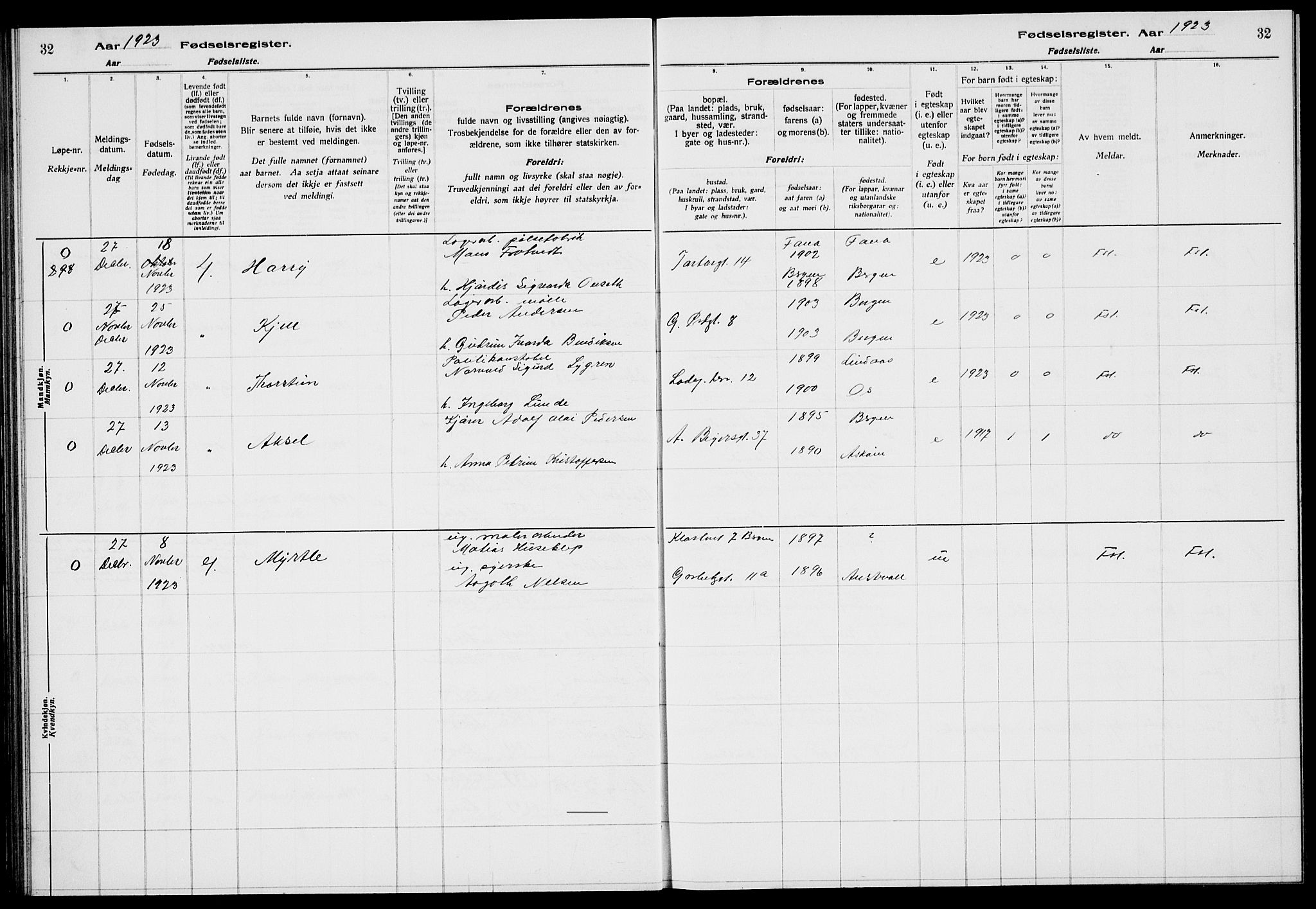 Sandviken Sokneprestembete, AV/SAB-A-77601/I/Ib/L00A3: Birth register no. A 3, 1923-1926, p. 32