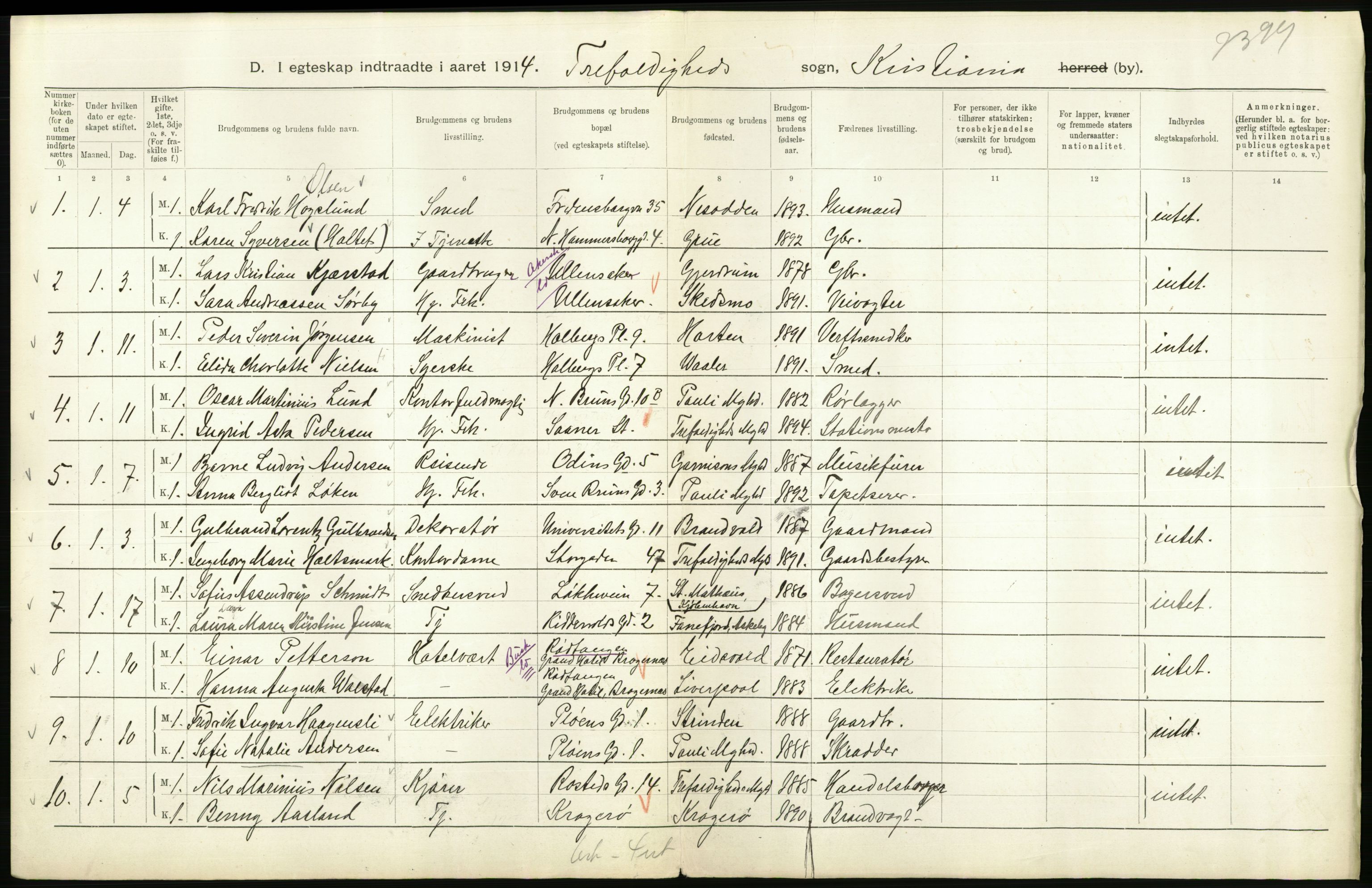 Statistisk sentralbyrå, Sosiodemografiske emner, Befolkning, RA/S-2228/D/Df/Dfb/Dfbd/L0007: Kristiania: Gifte, 1914, p. 632