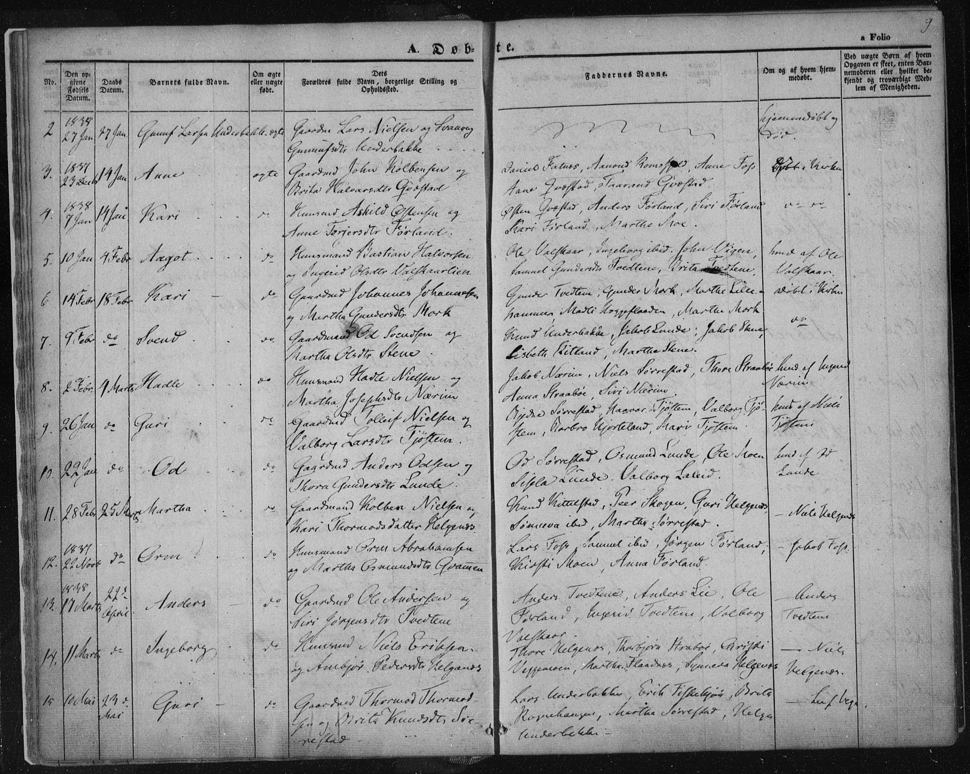 Suldal sokneprestkontor, SAST/A-101845/01/IV/L0008: Parish register (official) no. A 8, 1836-1853, p. 9