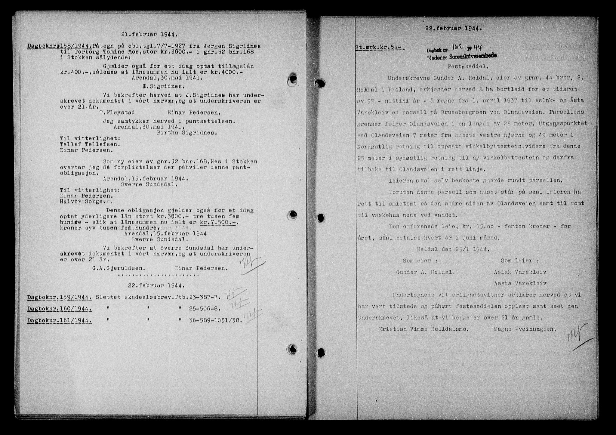 Nedenes sorenskriveri, SAK/1221-0006/G/Gb/Gba/L0051: Mortgage book no. A-V, 1943-1944, Diary no: : 162/1944