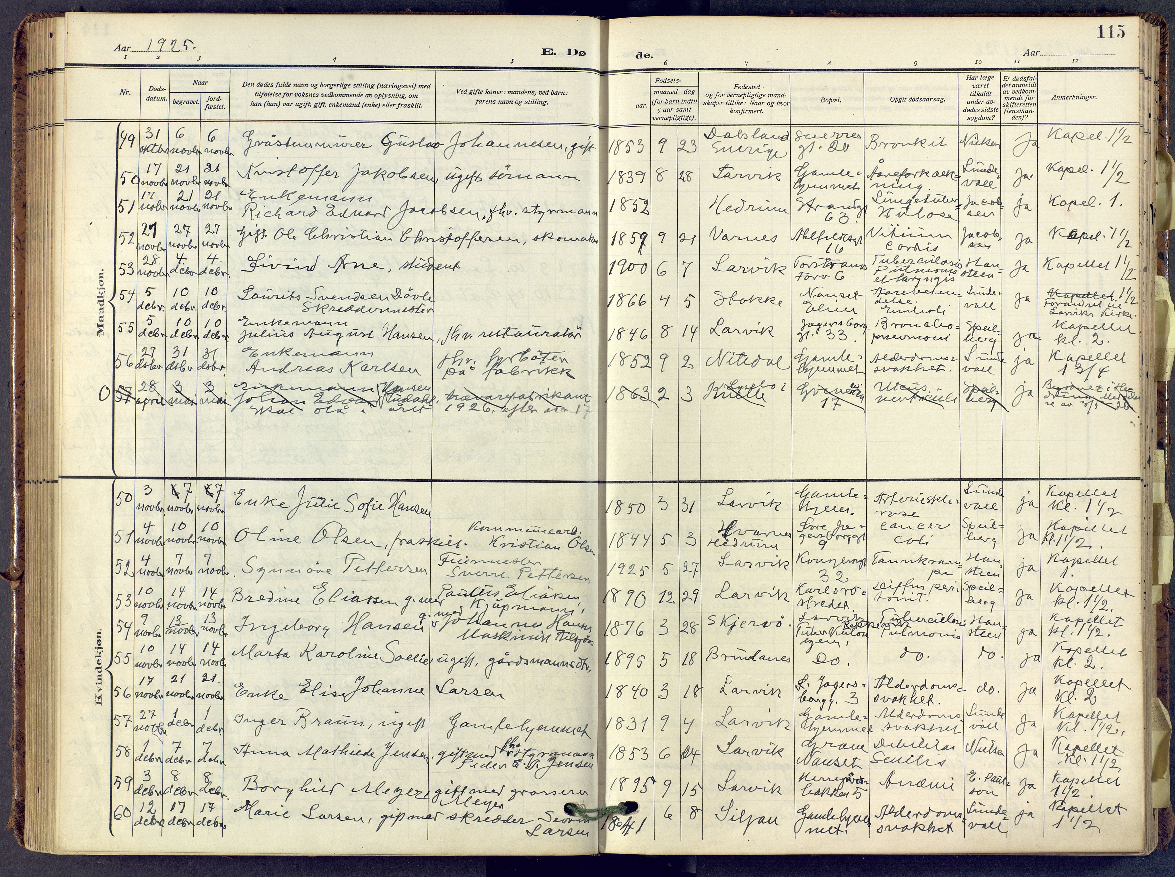 Larvik kirkebøker, SAKO/A-352/F/Fa/L0013: Parish register (official) no. I 13, 1910-1960, p. 115
